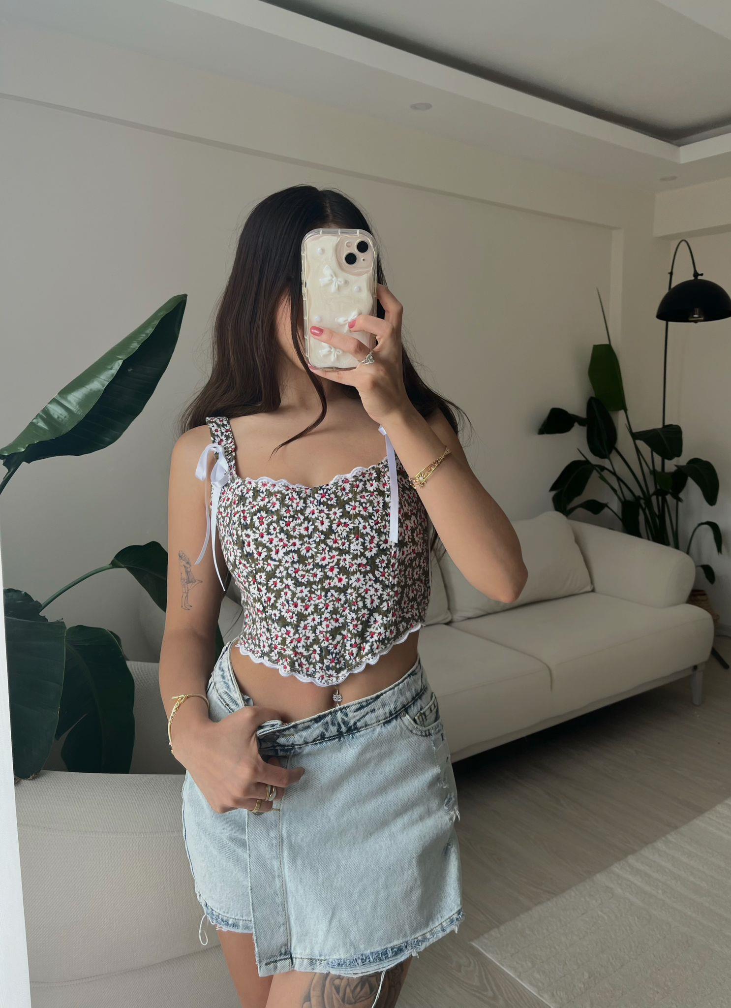 Coquette Çiçek Desen Kurdele Detaylı Balenli Haki Korse