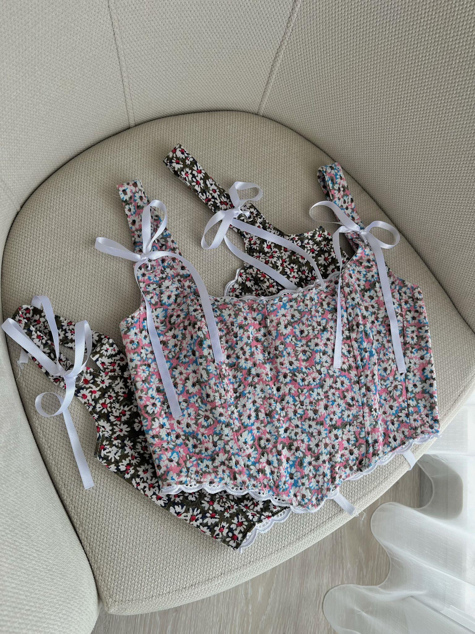 Coquette Çiçek Desen Kurdele Detaylı Balenli Pembe Korse