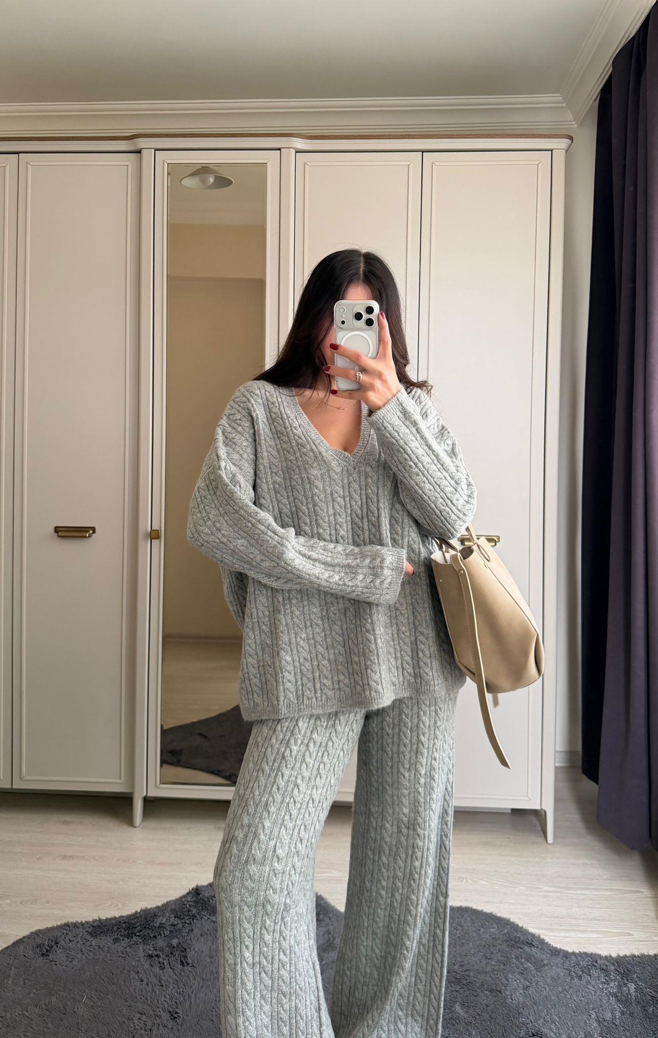 Cozy Saç Örgülü Triko Takım Gri