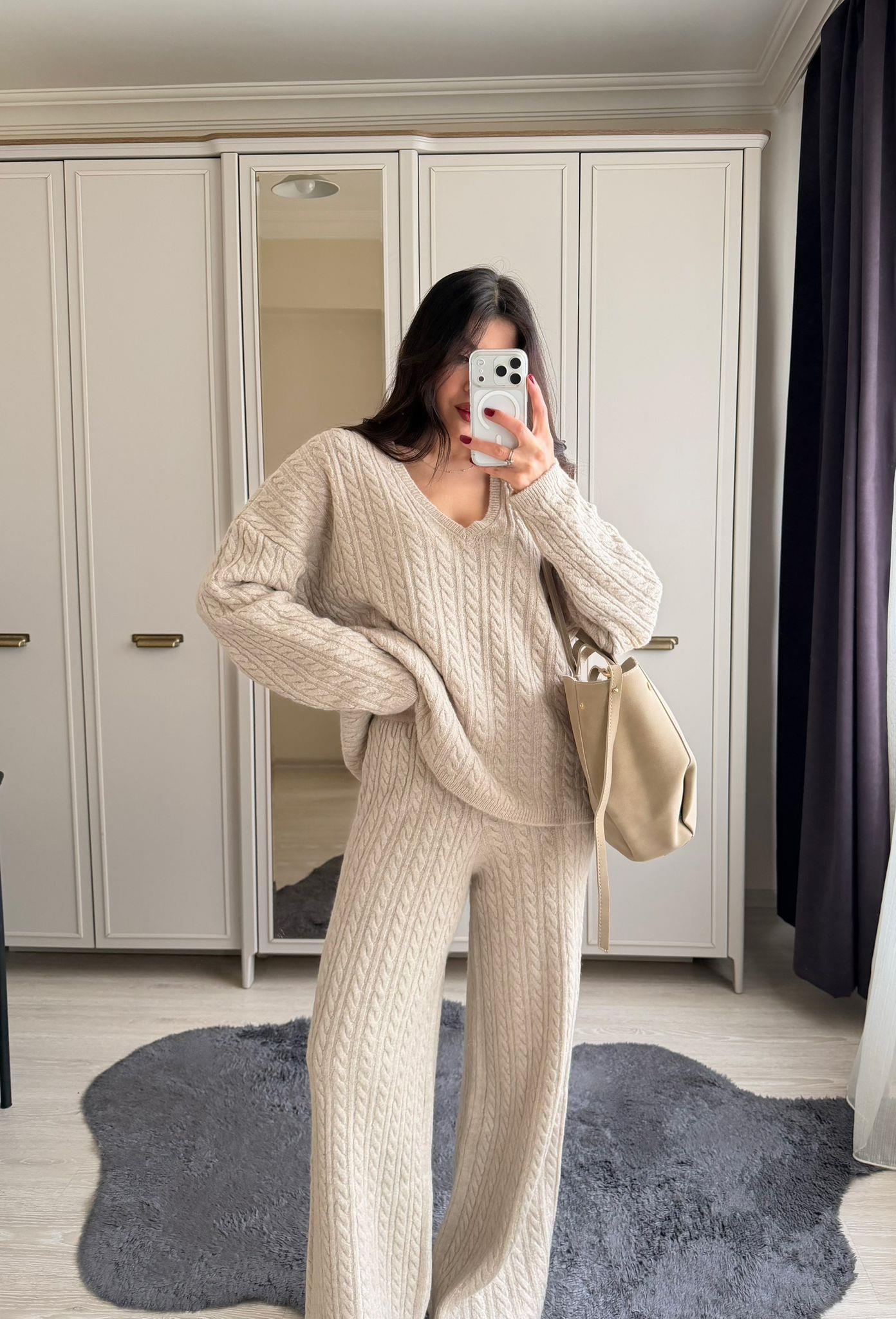 Cozy Saç Örgülü Triko Takım Taş