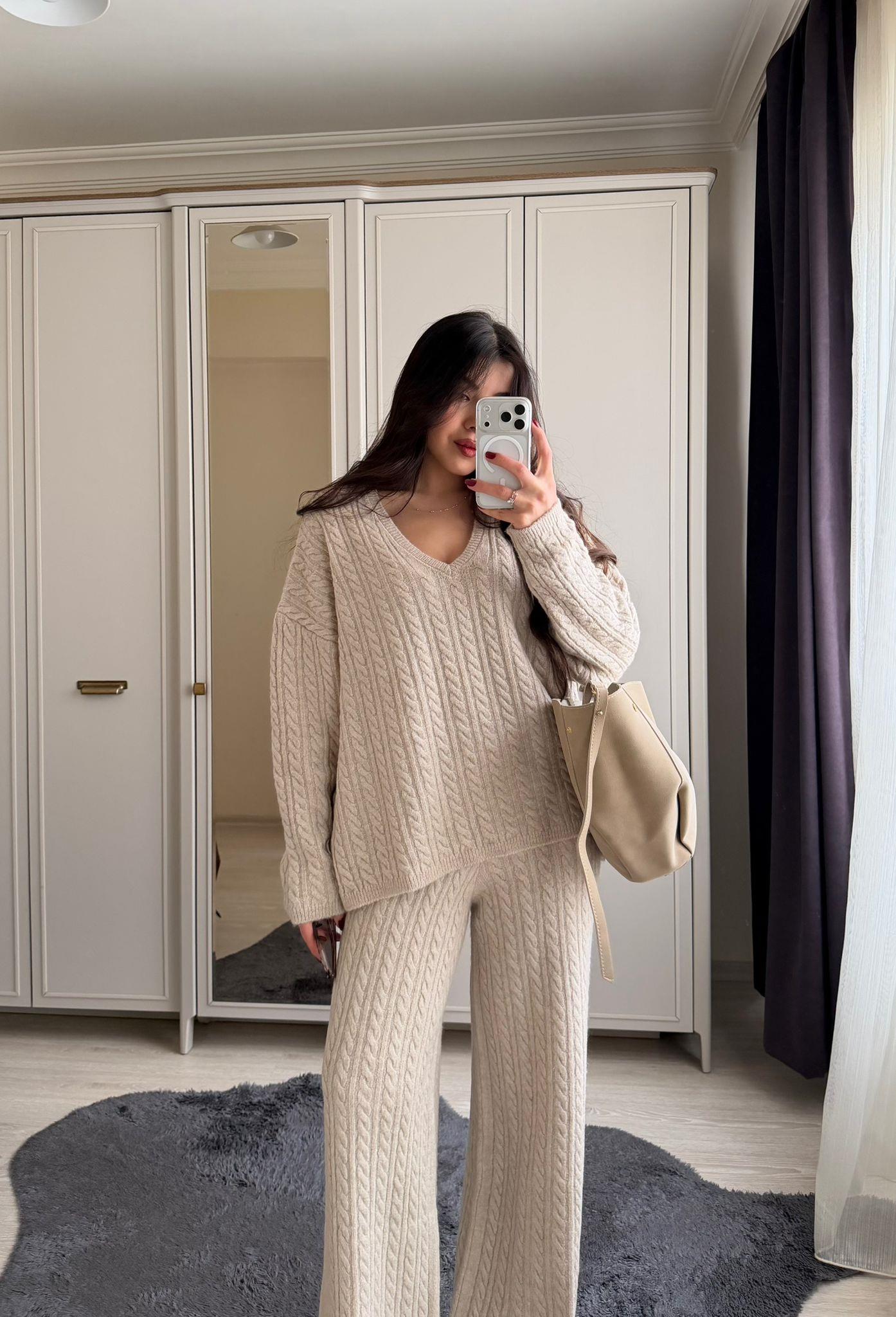 Cozy Saç Örgülü Triko Takım Taş