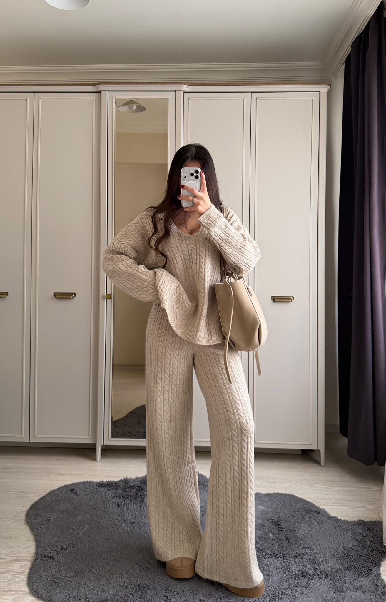 Cozy Saç Örgülü Triko Takım Taş