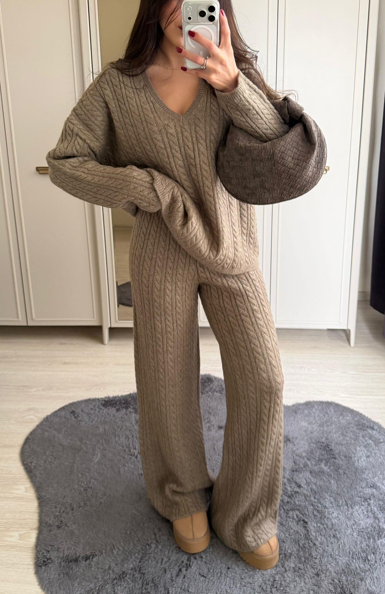 Cozy Saç Örgülü Triko Takım Vizon