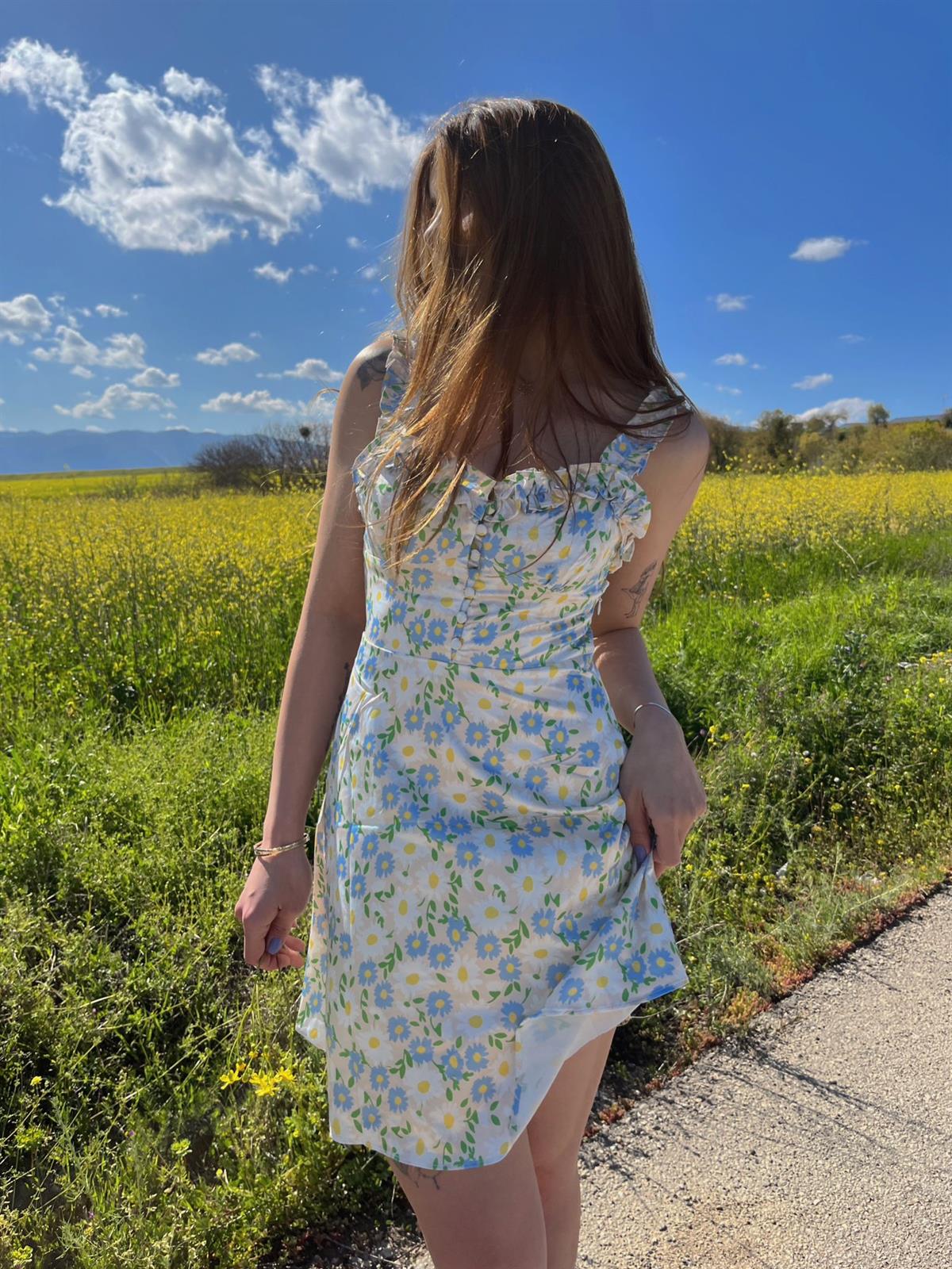 Daisy Çiçek Desen Saten Mini Elbise