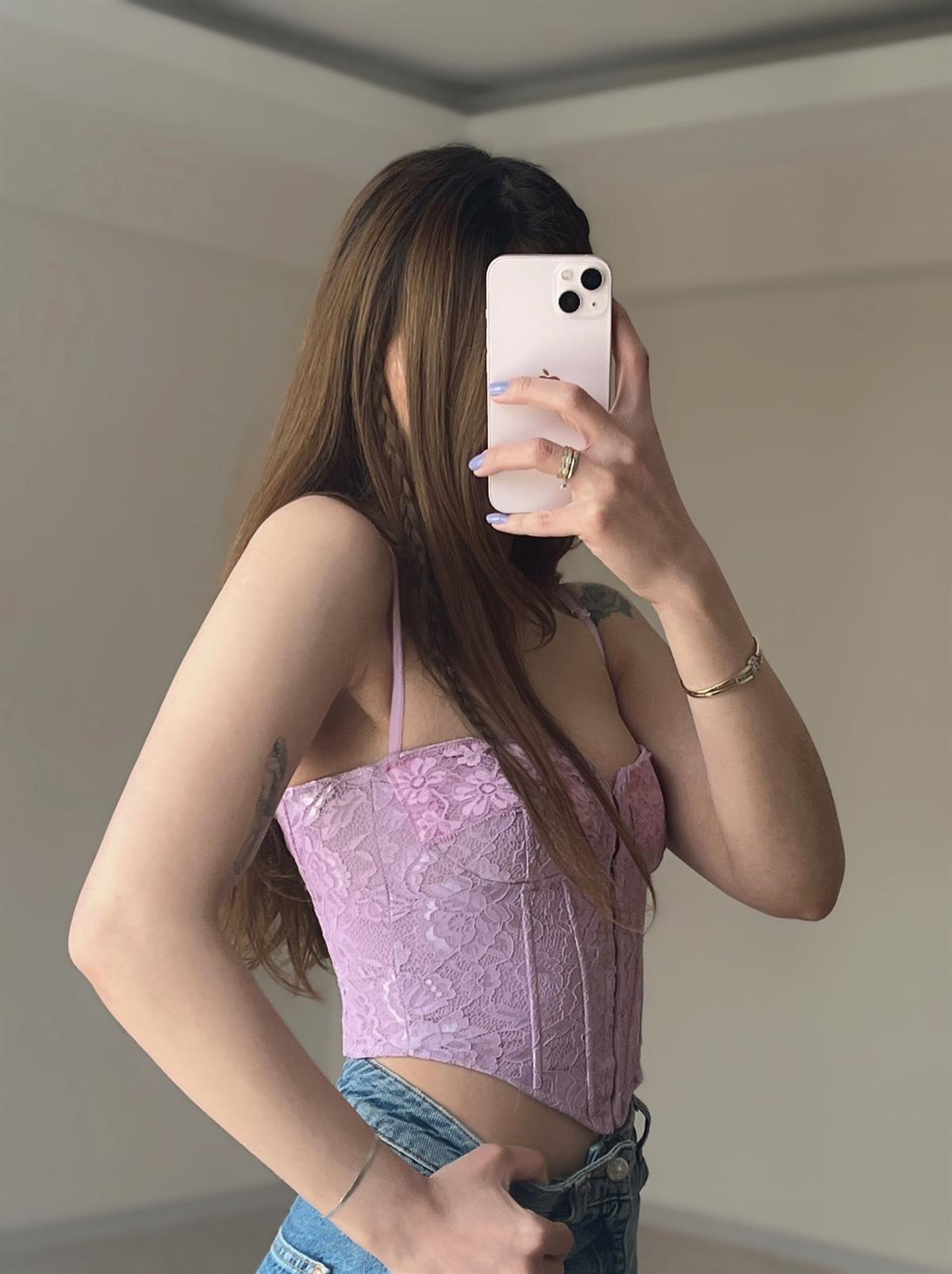 Dantel Detay Lavanta Korse Top