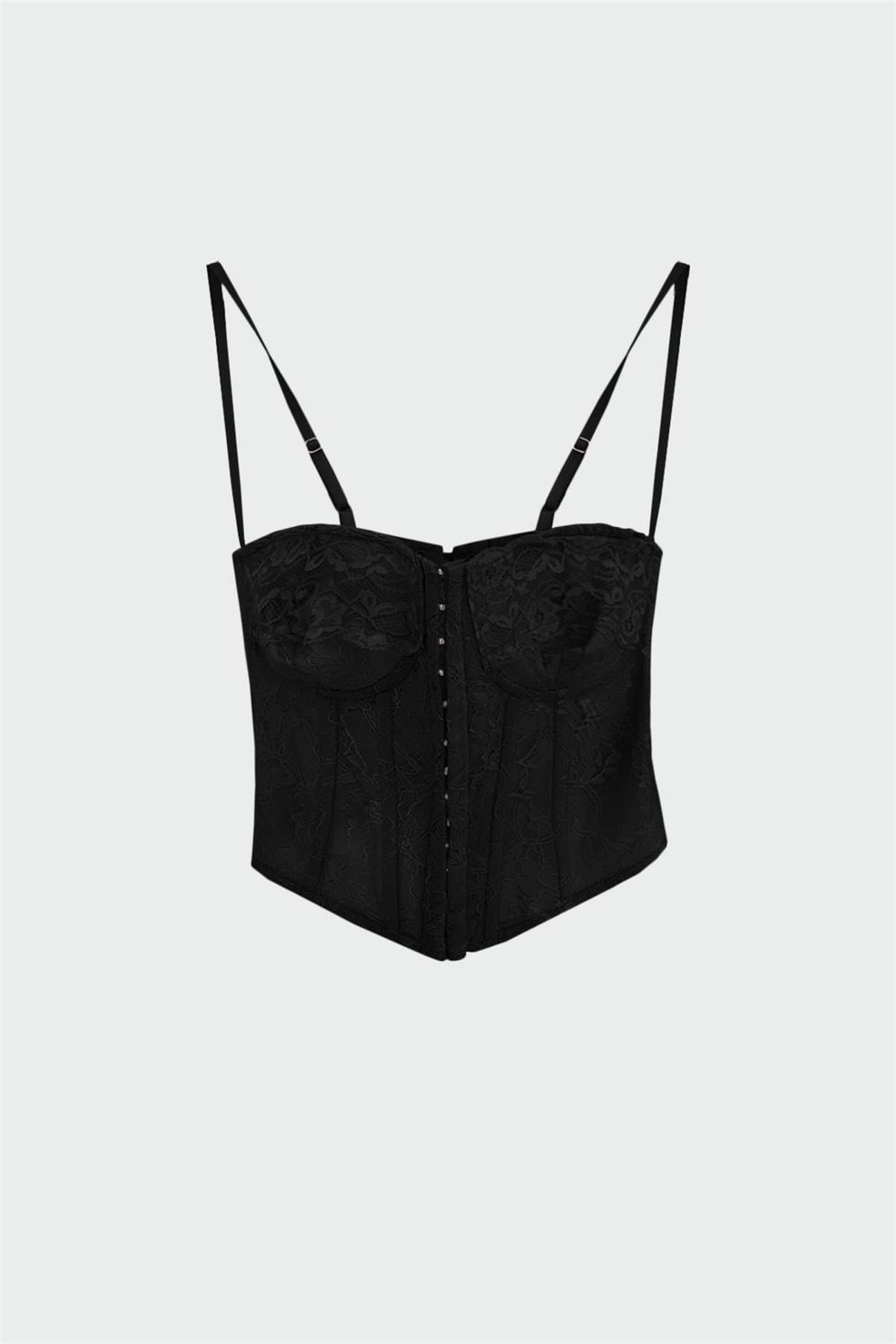 Dantel Detay Siyah Korse Top