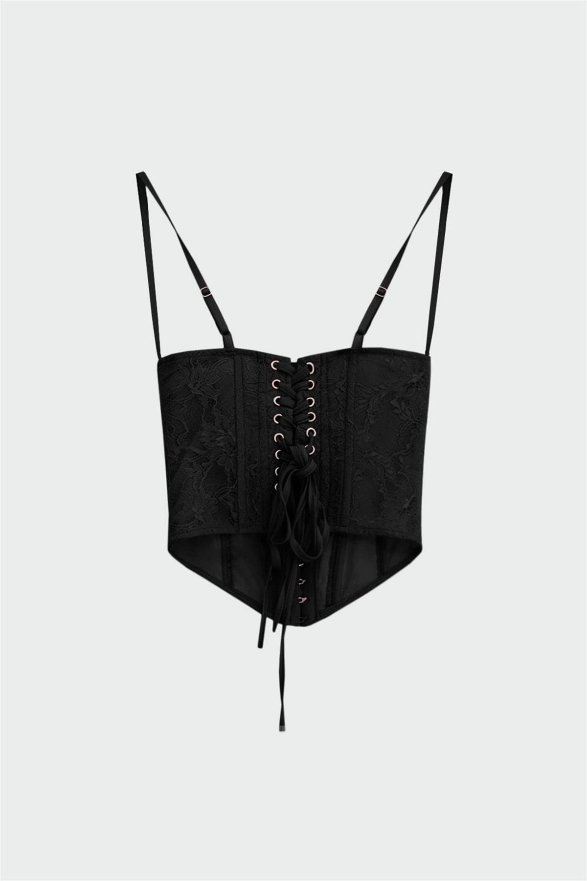 Dantel Detay Siyah Korse Top