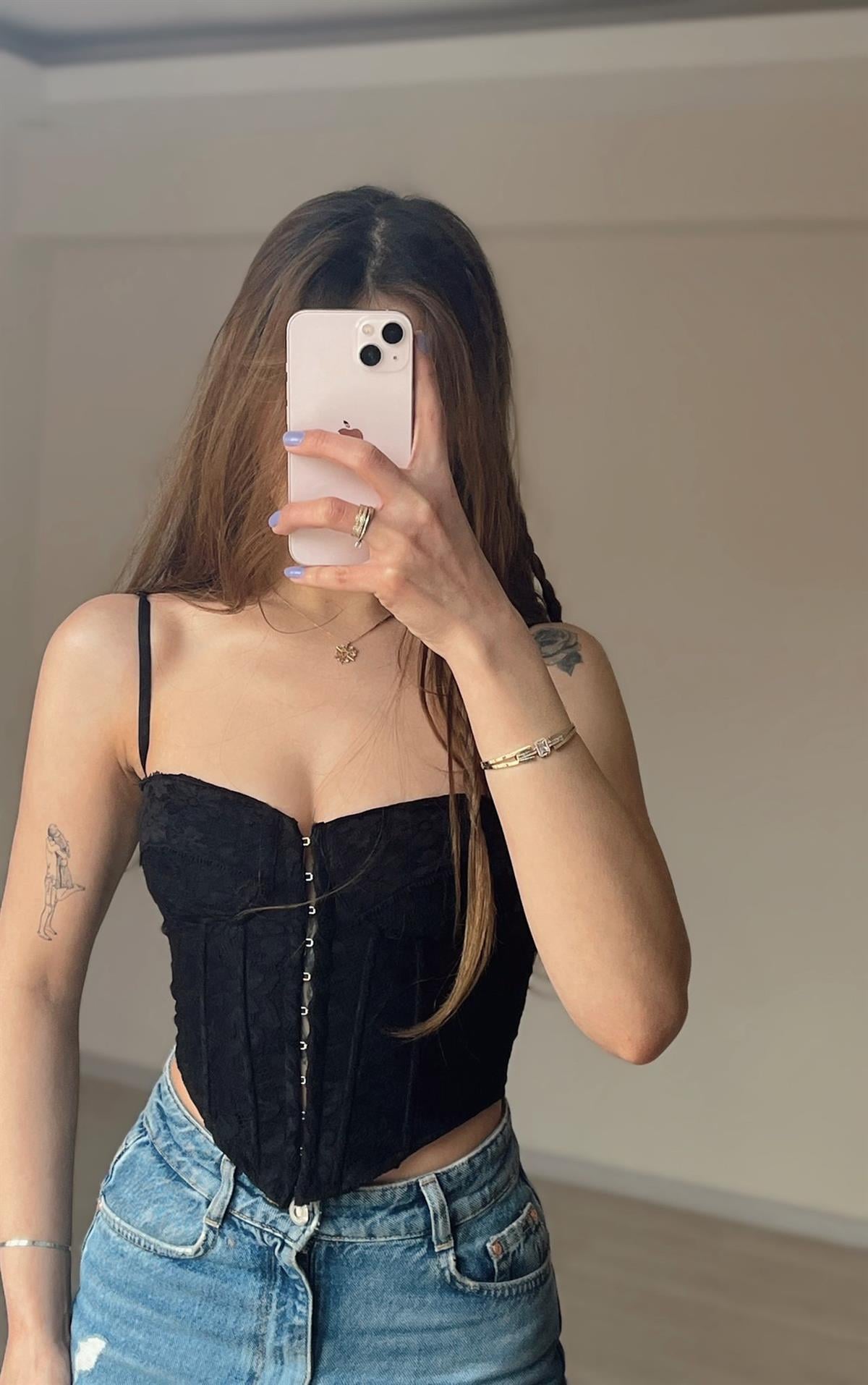 Dantel Detay Siyah Korse Top