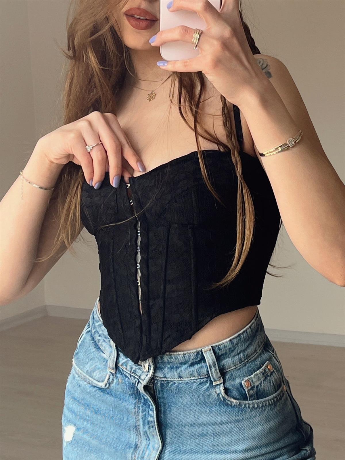 Dantel Detay Siyah Korse Top