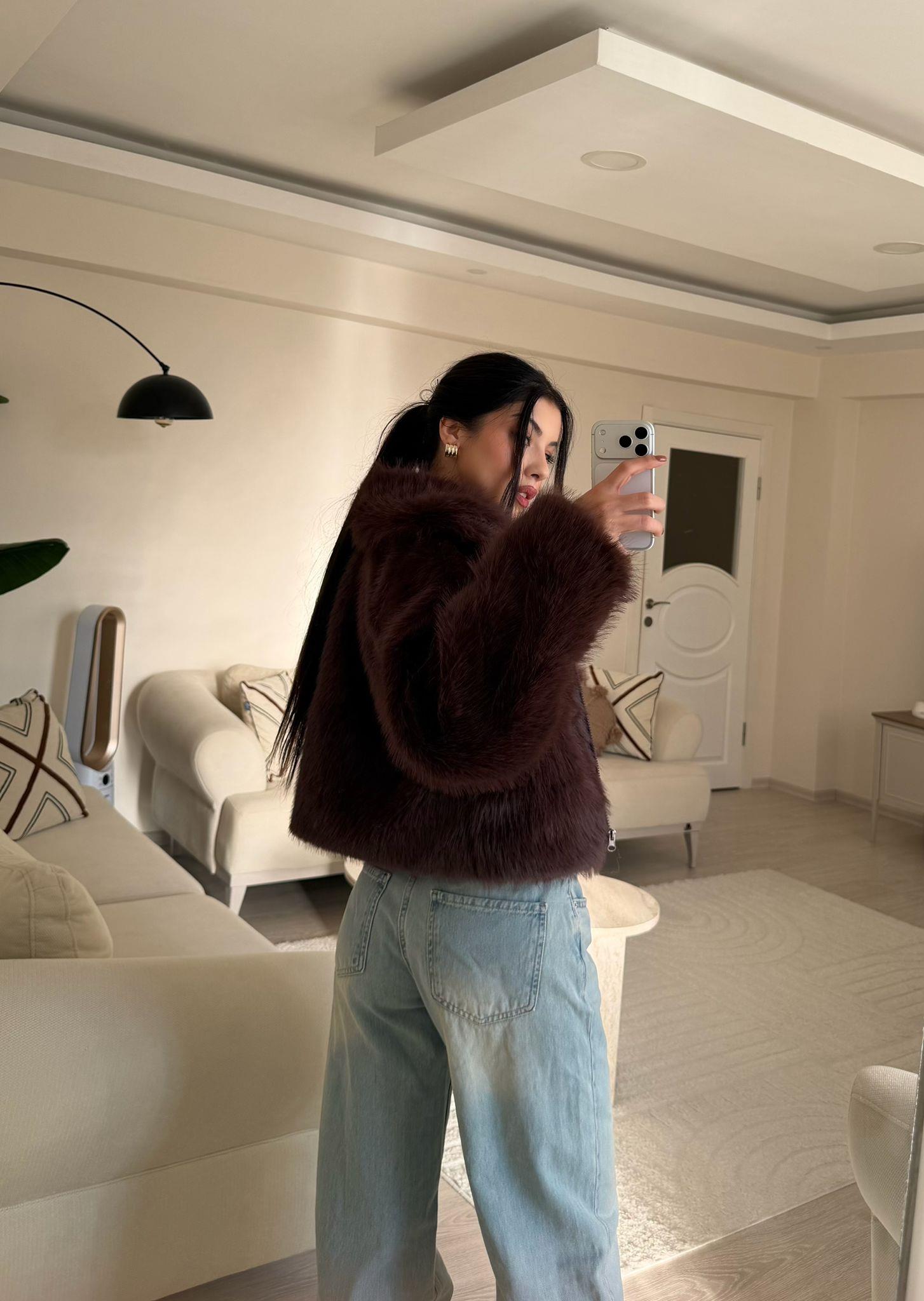 Diane Fermuar Detay Kürk Ceket Kahve