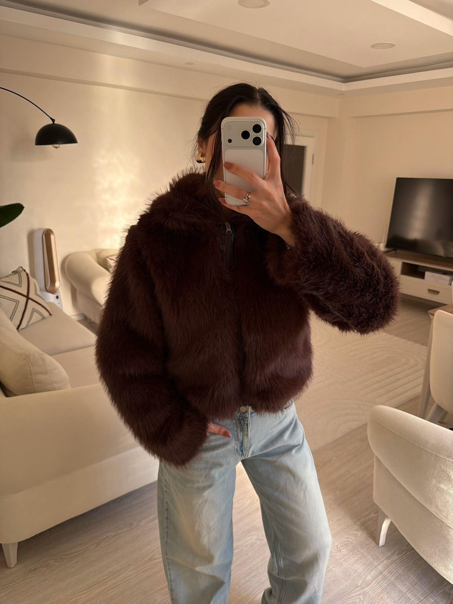 Diane Fermuar Detay Kürk Ceket Kahve