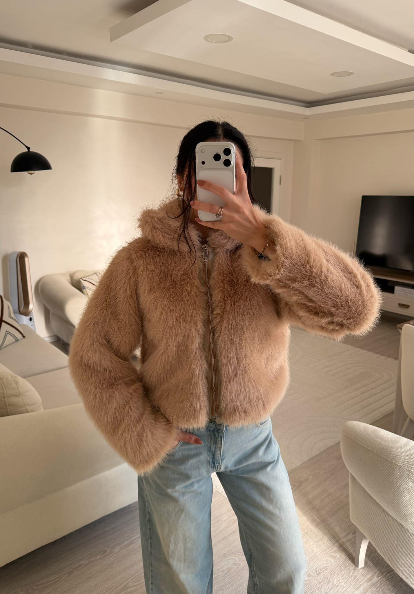 Diane Fermuar Detay Kürk Ceket Karamel