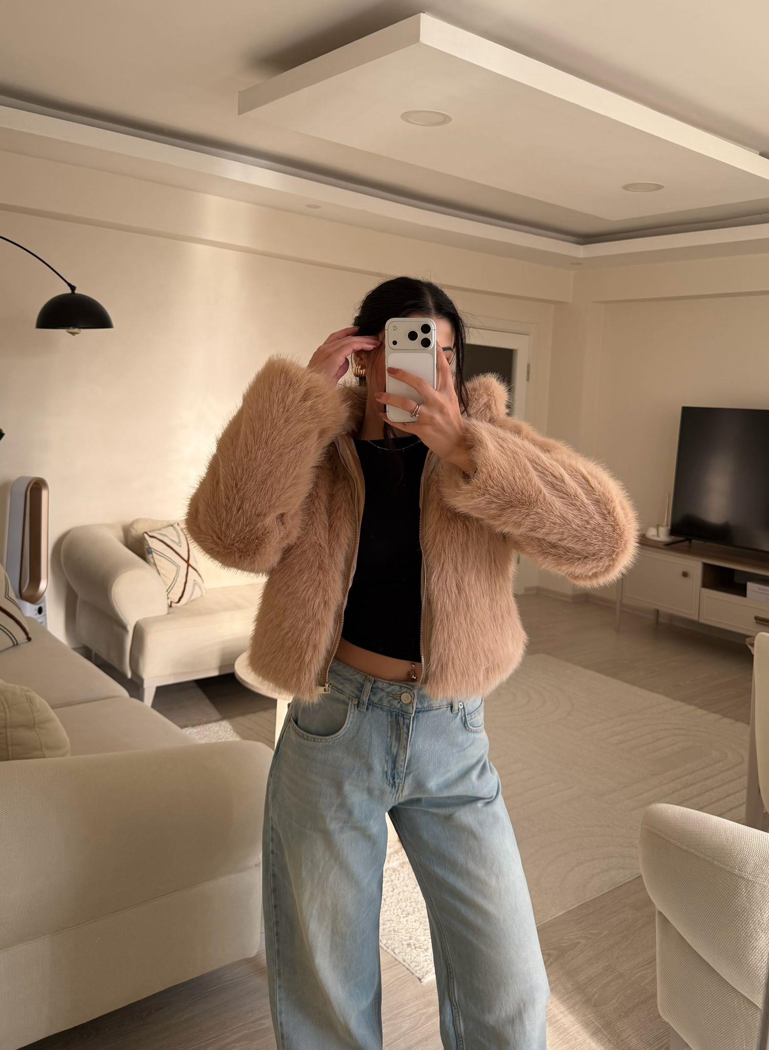 Diane Fermuar Detay Kürk Ceket Karamel