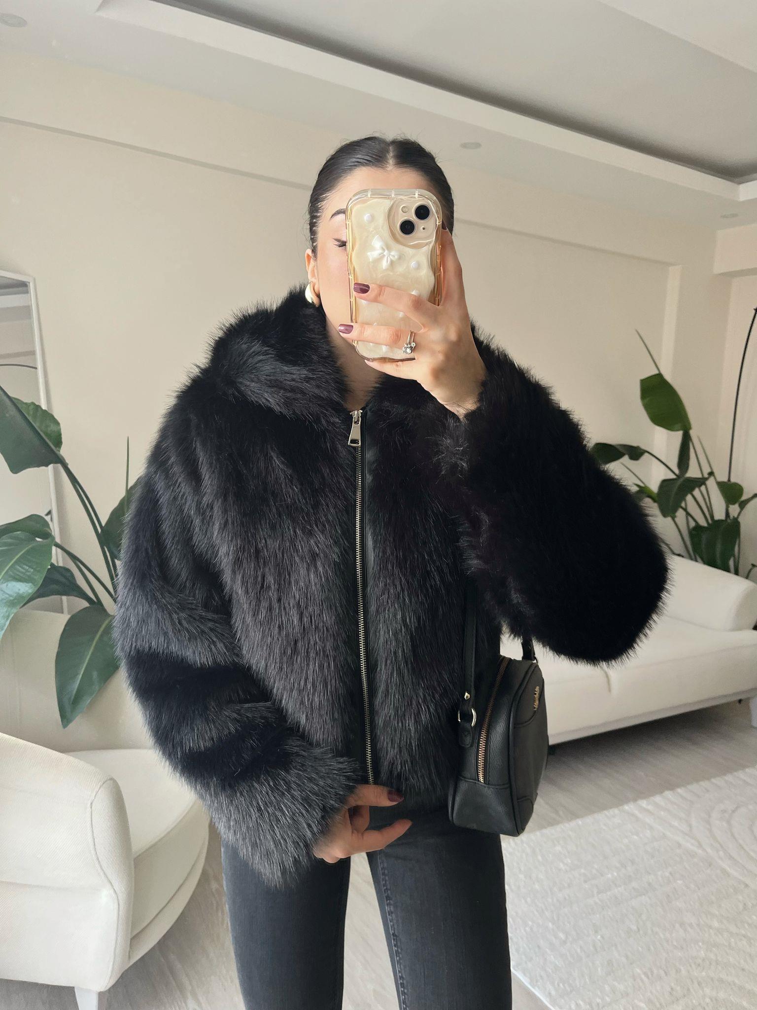 Diane Fermuar Detay Kürk Ceket Siyah