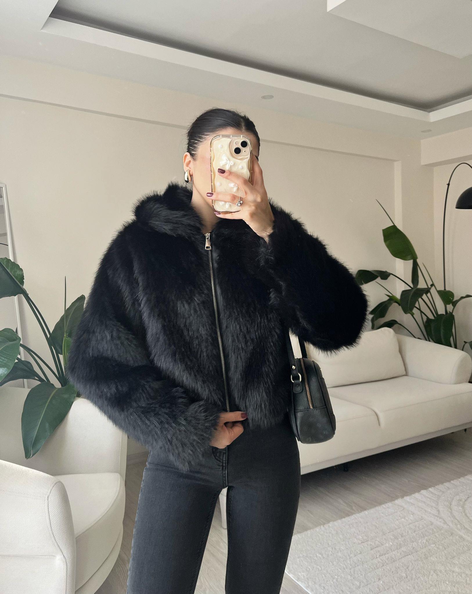 Diane Fermuar Detay Kürk Ceket Siyah