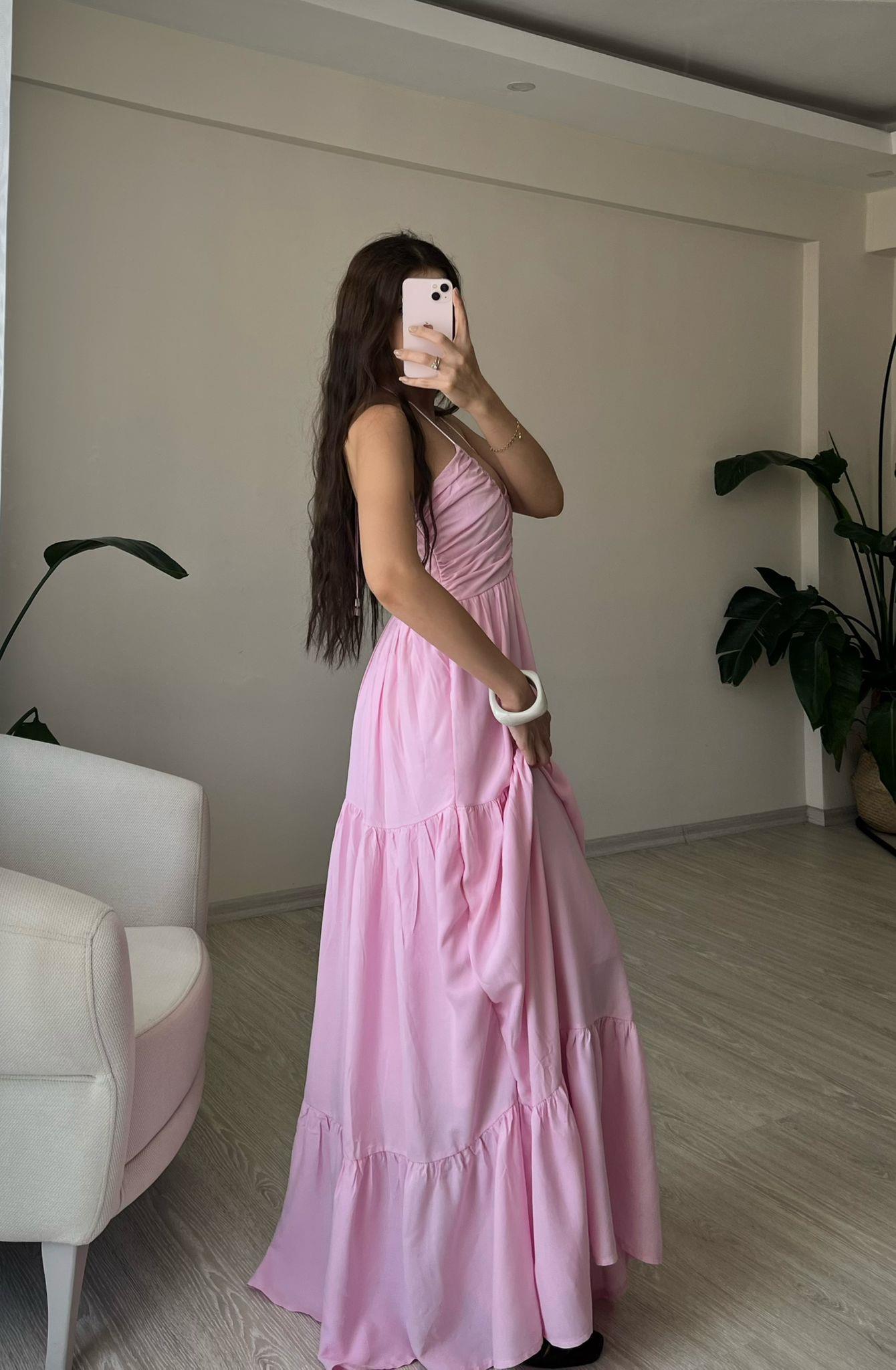 Elaria Büzgülü Boyundan Bağlamalı Maksi Elbise Pembe