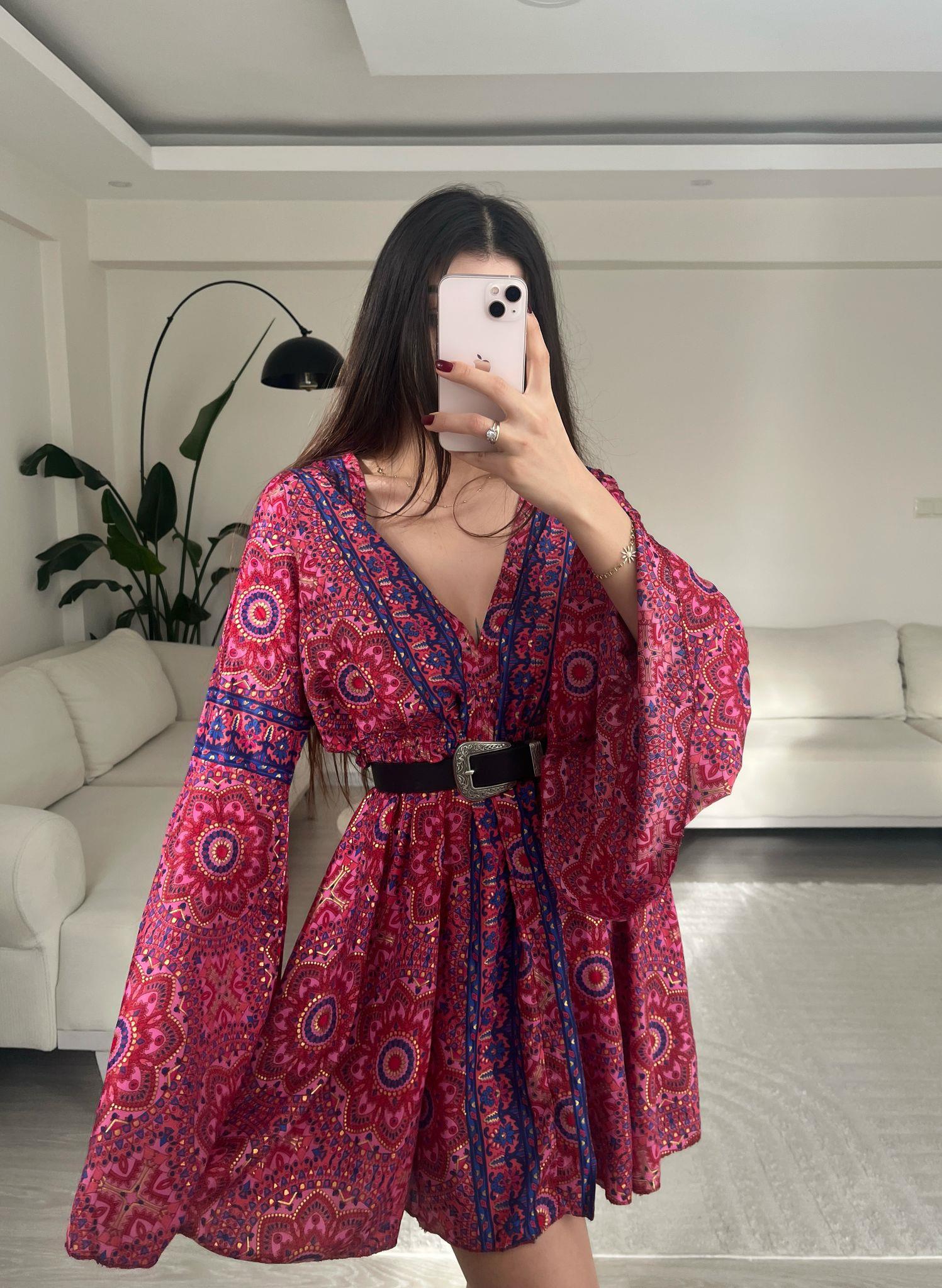 Eleanor Sırt Dekolteli Etnik İpek Elbise Fuşya