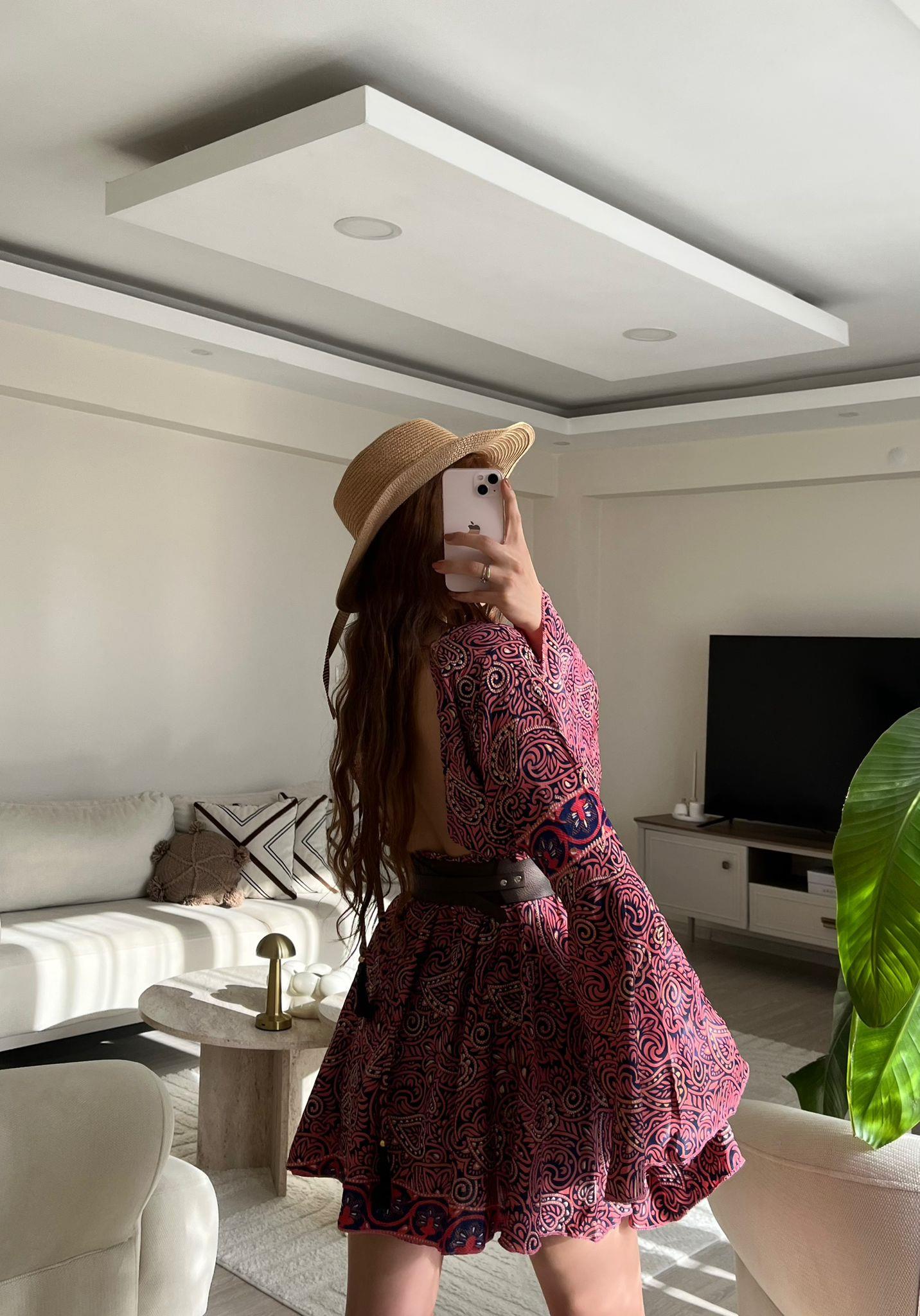 Eleanor Sırt Dekolteli Etnik İpek Elbise Pembe