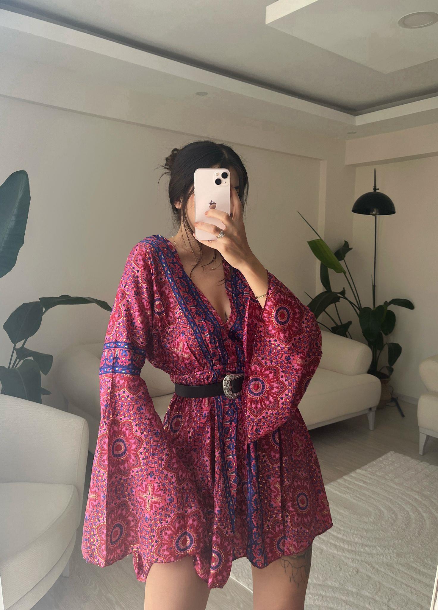 Eleanor Sırt Dekolteli Etnik İpek Elbise Fuşya