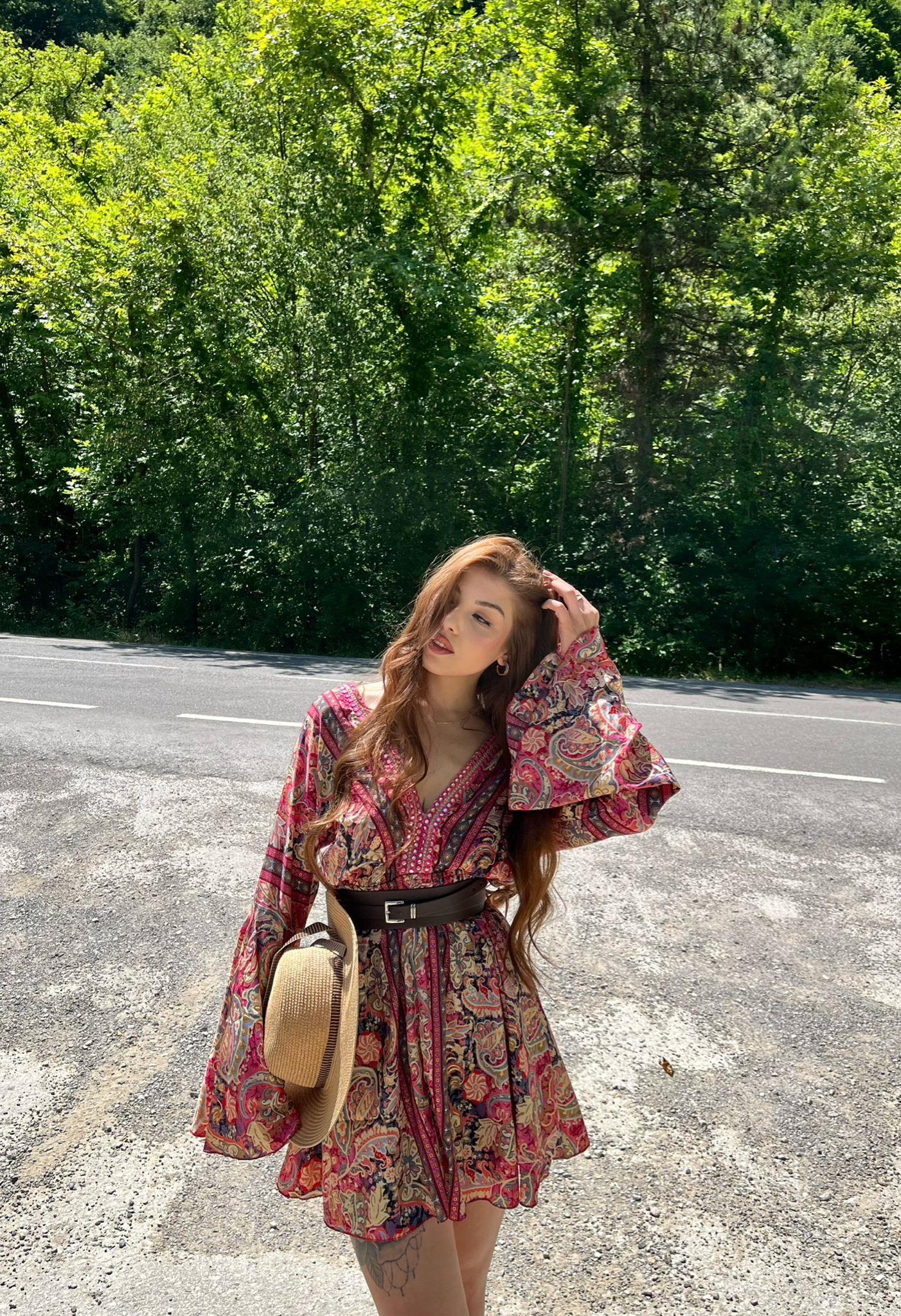 Eleanor Sırt Dekolteli Etnik İpek Elbise Pembe