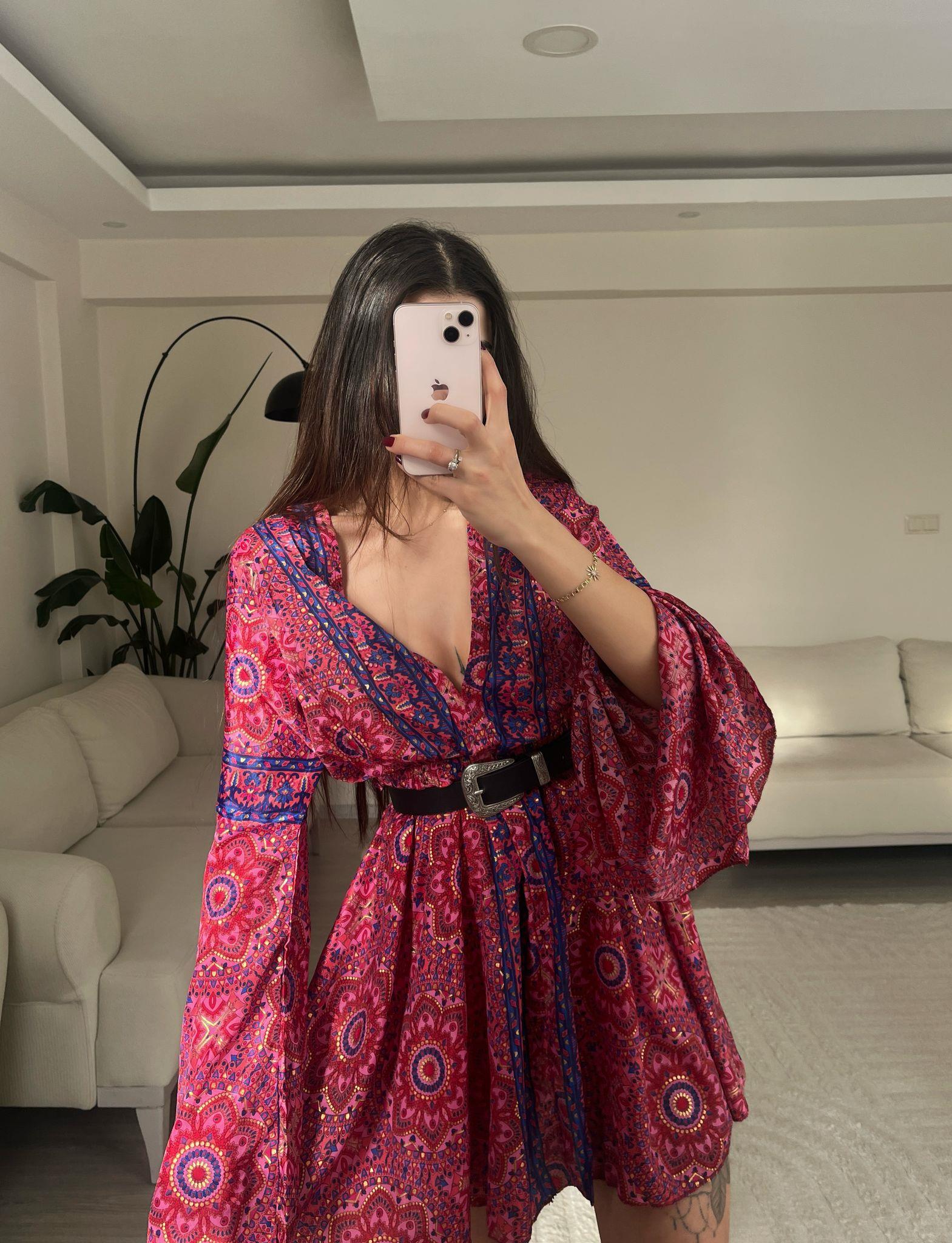 Eleanor Sırt Dekolteli Etnik İpek Elbise Fuşya
