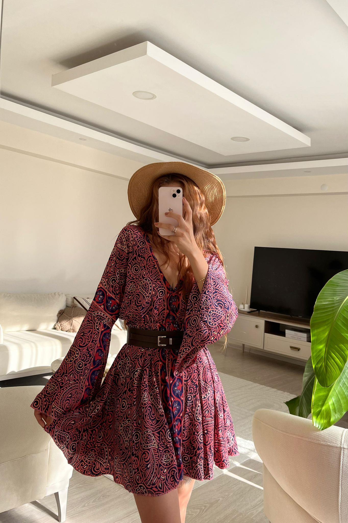 Eleanor Sırt Dekolteli Etnik İpek Elbise Pembe