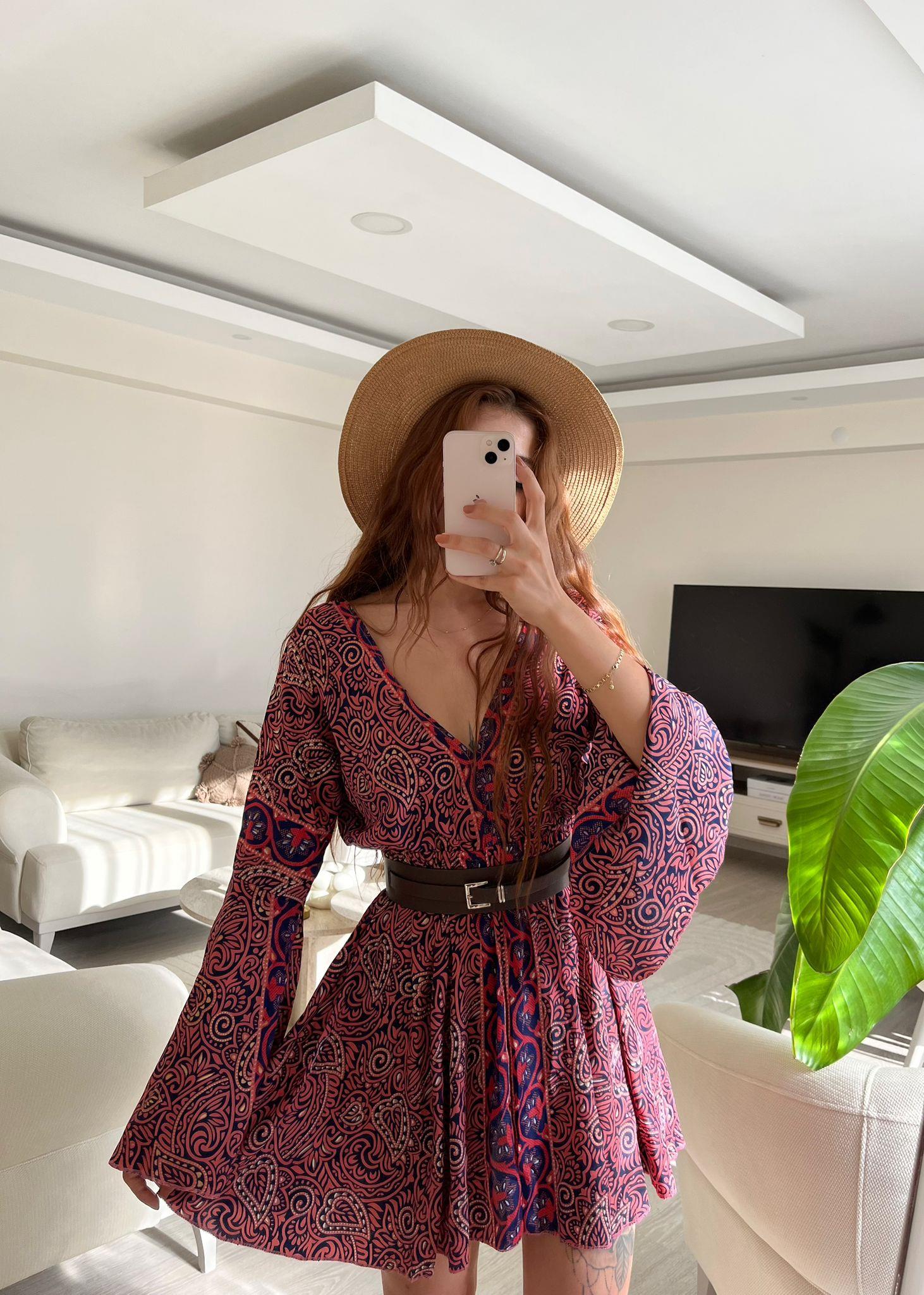 Eleanor Sırt Dekolteli Etnik İpek Elbise Pembe