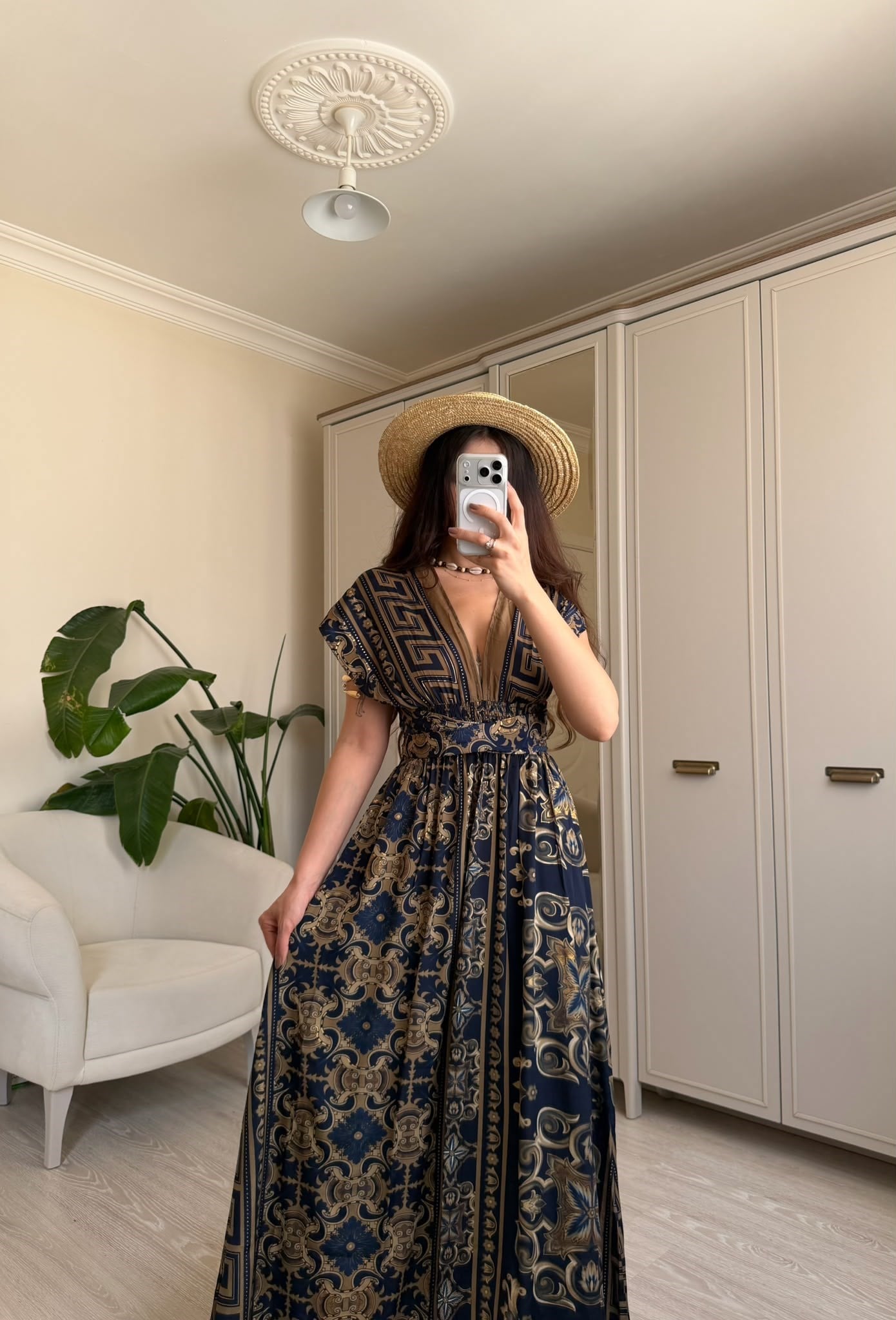 Elysia Bağlamalı Etnik Desen İpek Elbise 