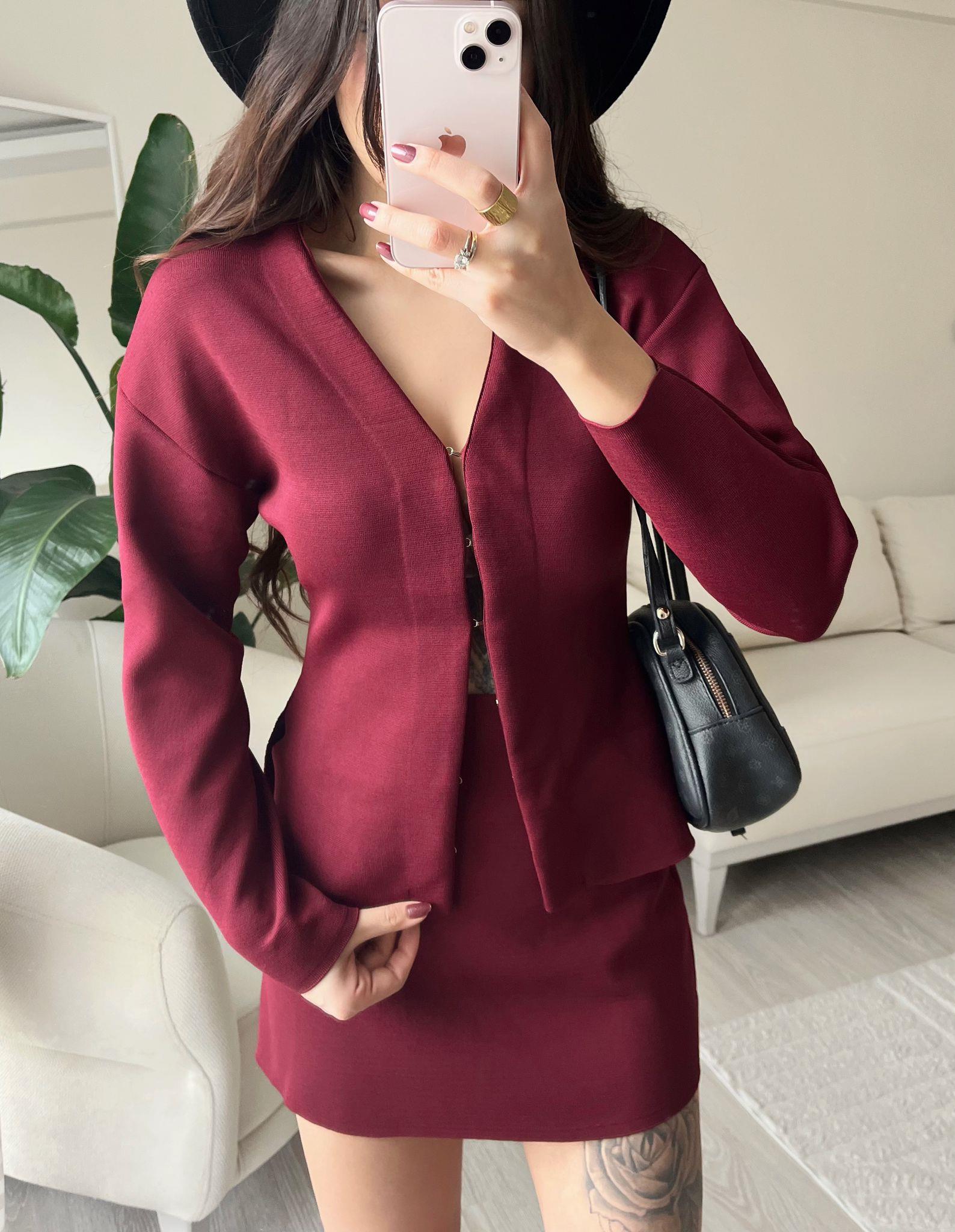 Emma Marka Model Çelik Triko Bluz Etek Takım Bordo