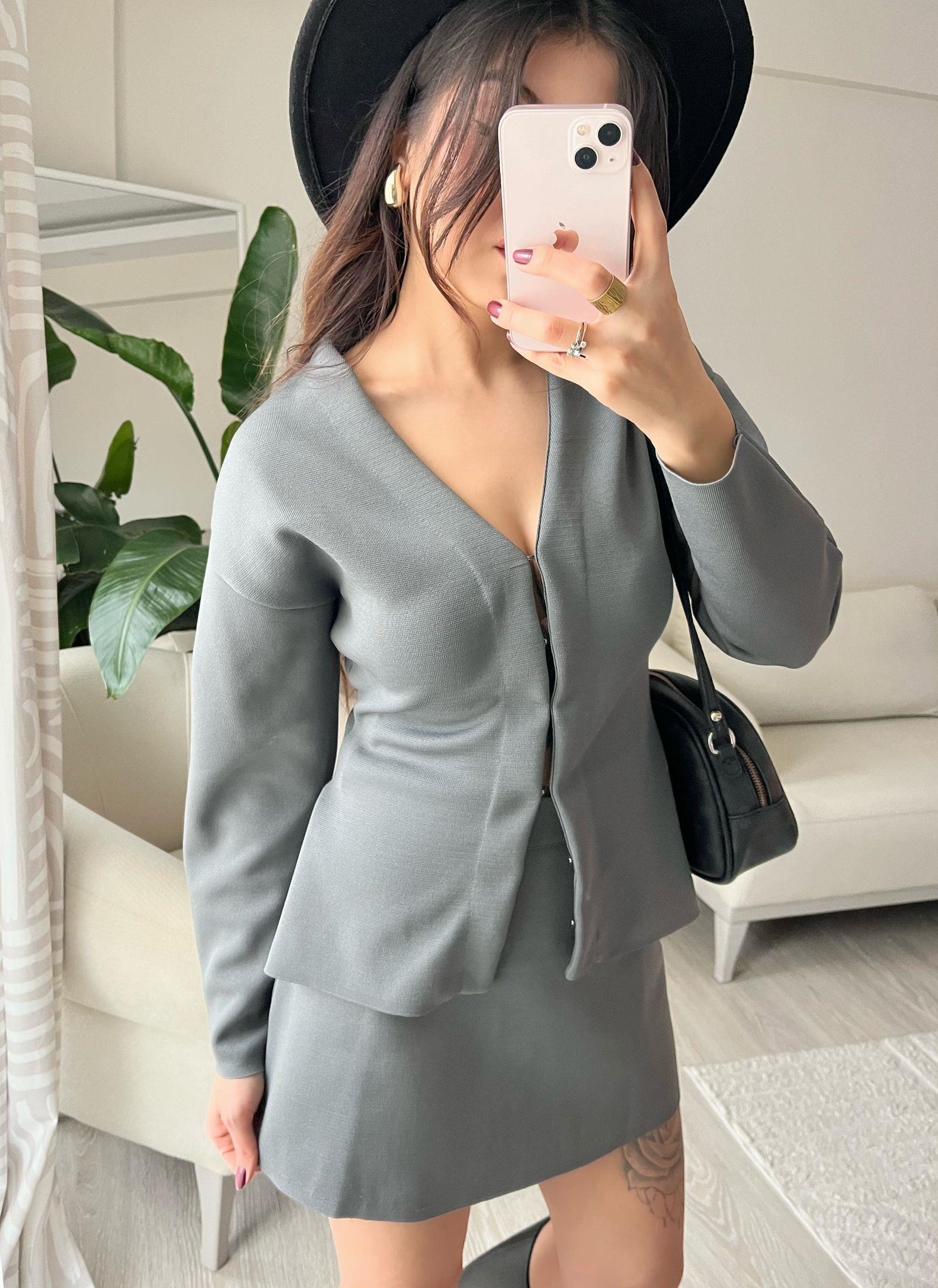 Emma Marka Model Çelik Triko Bluz Etek Takım Gri