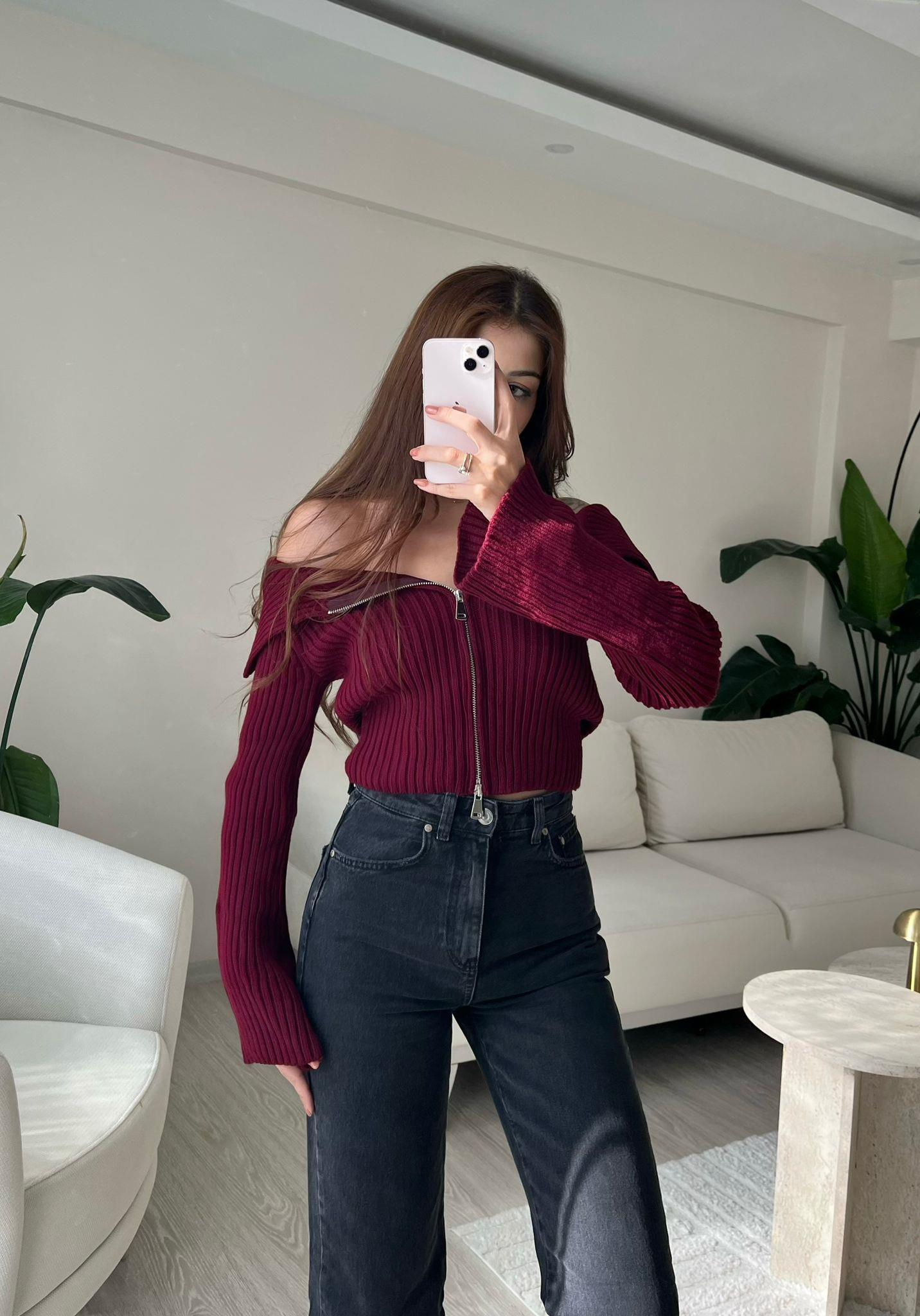 Eva Kayık Yaka Fermuarlı Triko Hırka Bordo