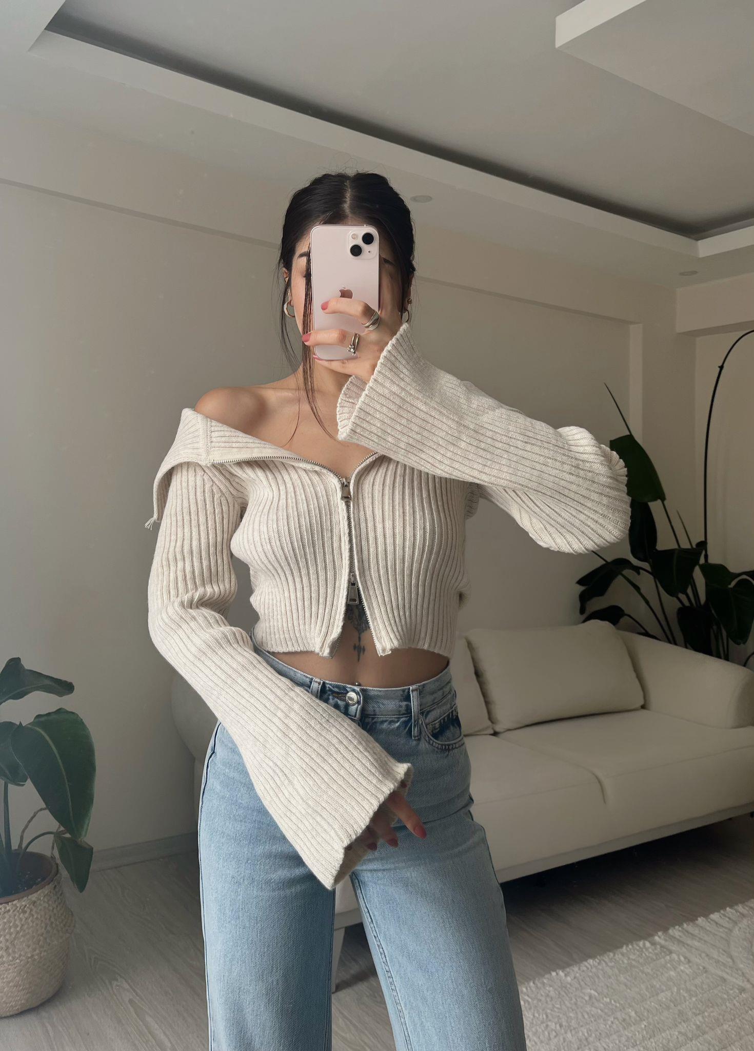 Eva Kayık Yaka Fermuarlı Triko Hırka Bej