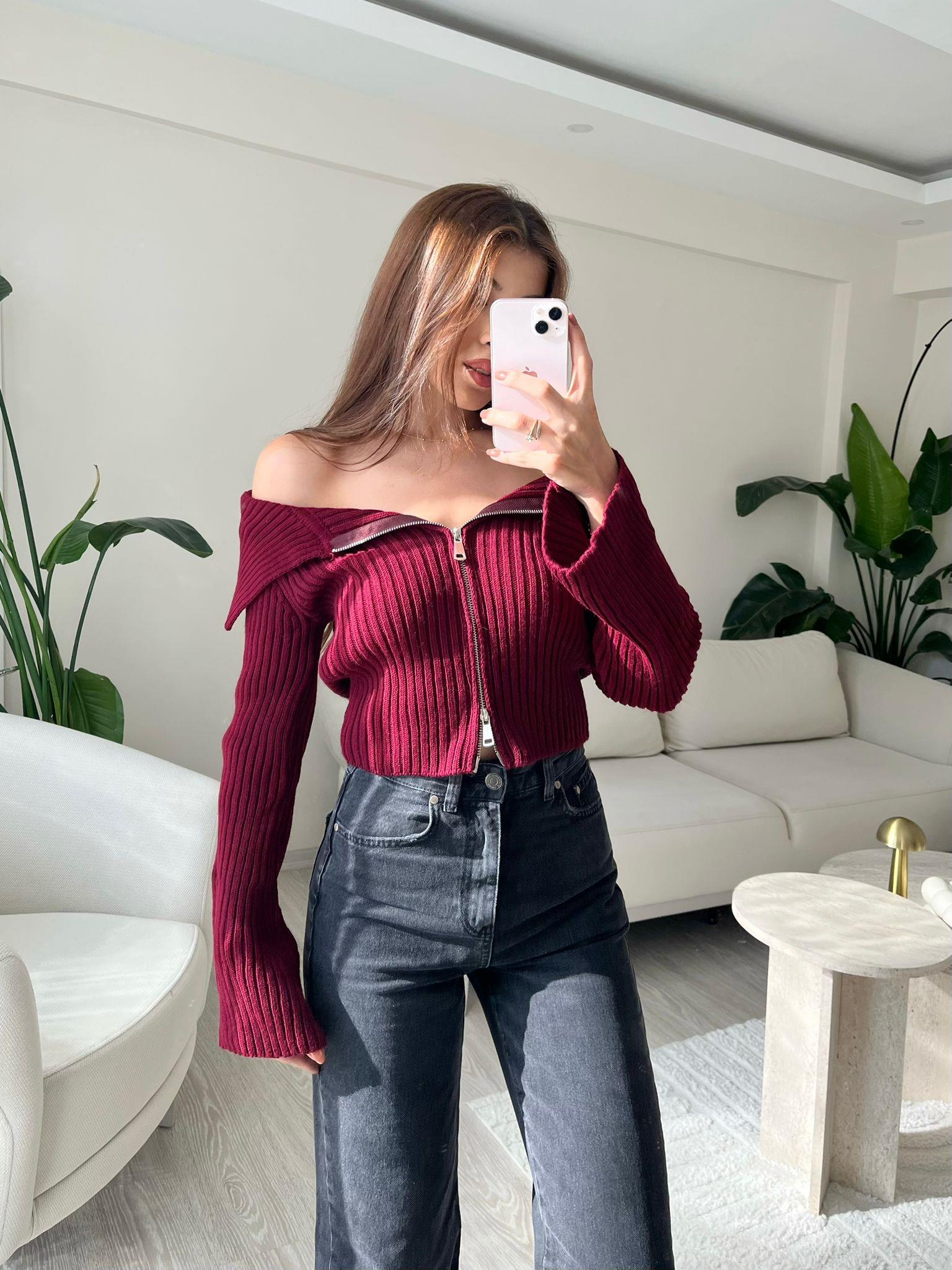 Eva Kayık Yaka Fermuarlı Triko Hırka Bordo