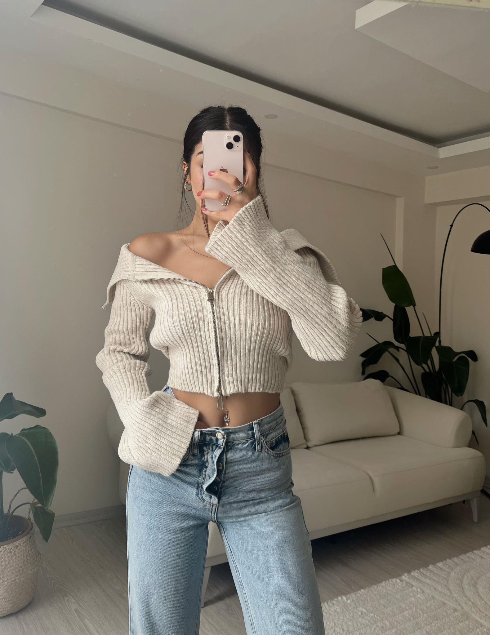 Eva Kayık Yaka Fermuarlı Triko Hırka Bej