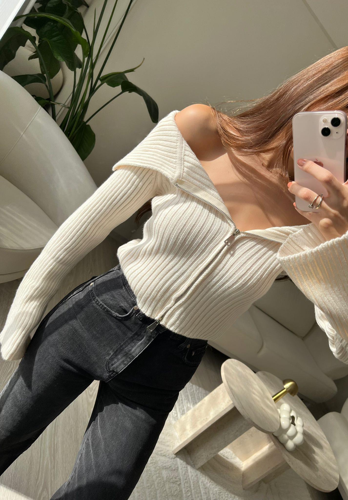 Eva Kayık Yaka Fermuarlı Triko Hırka Ekru