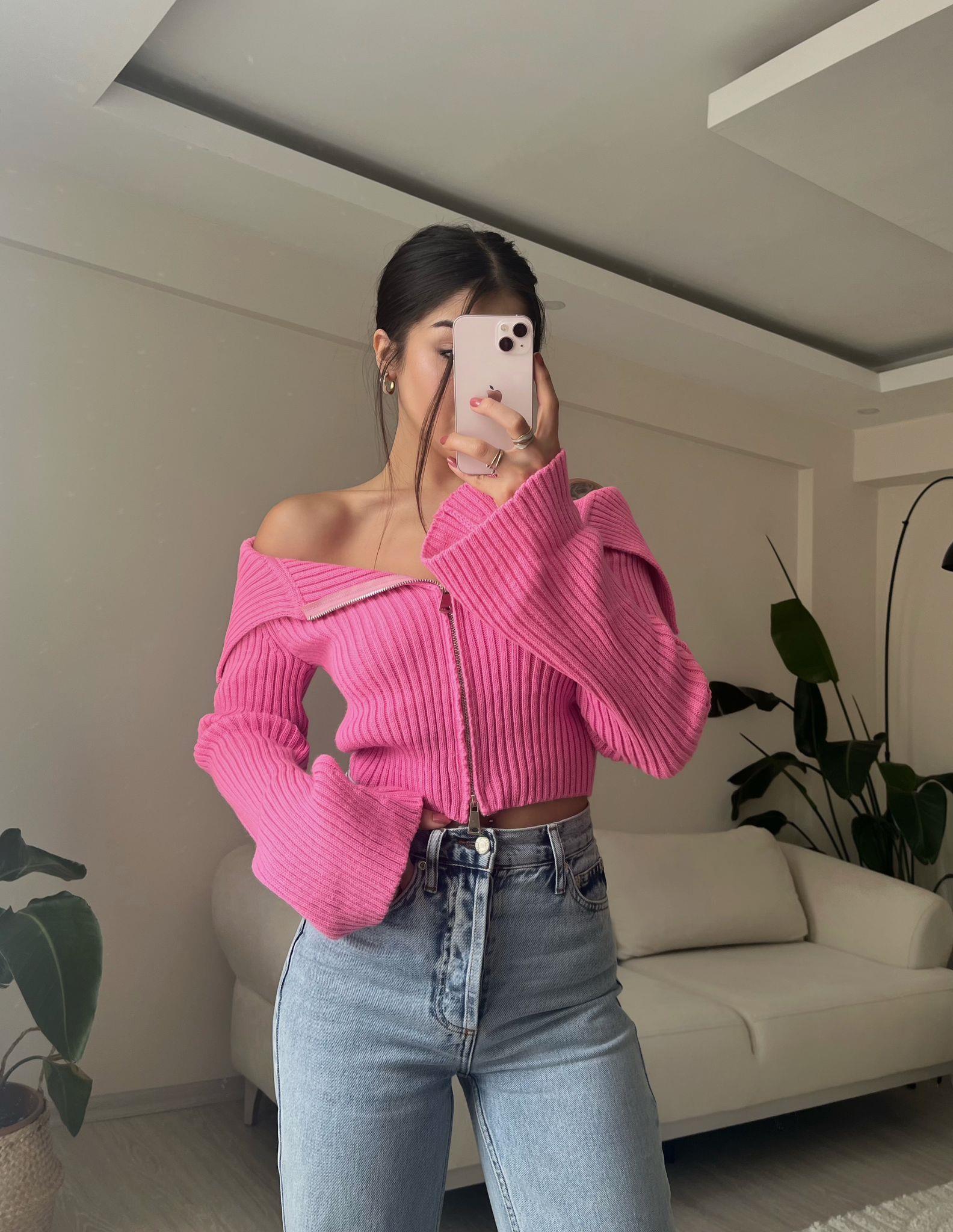 Eva Kayık Yaka Fermuarlı Triko Hırka Pembe