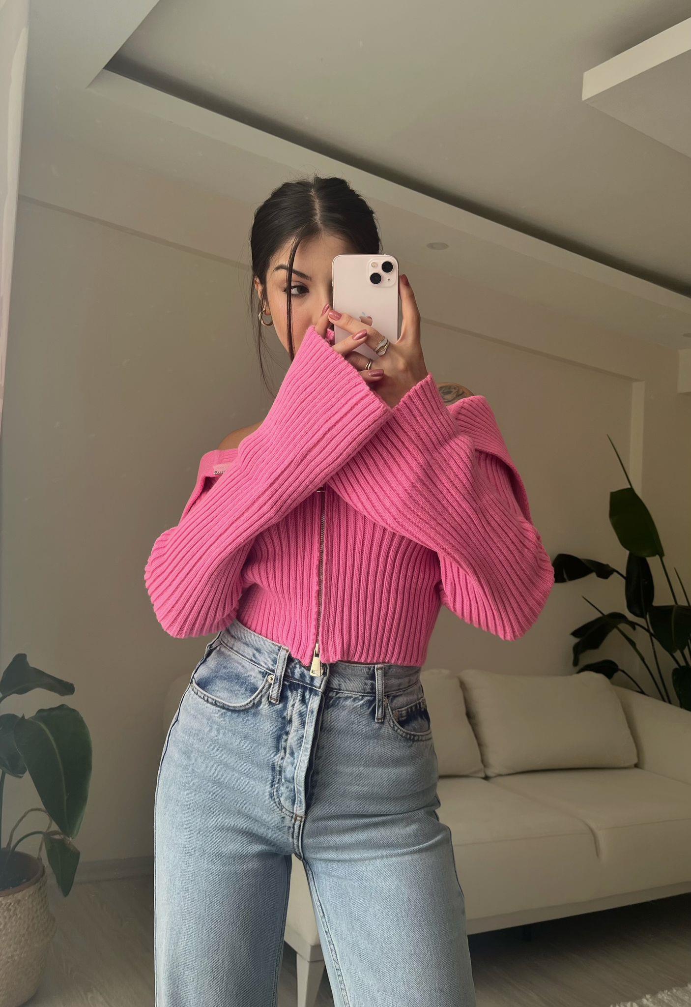 Eva Kayık Yaka Fermuarlı Triko Hırka Pembe