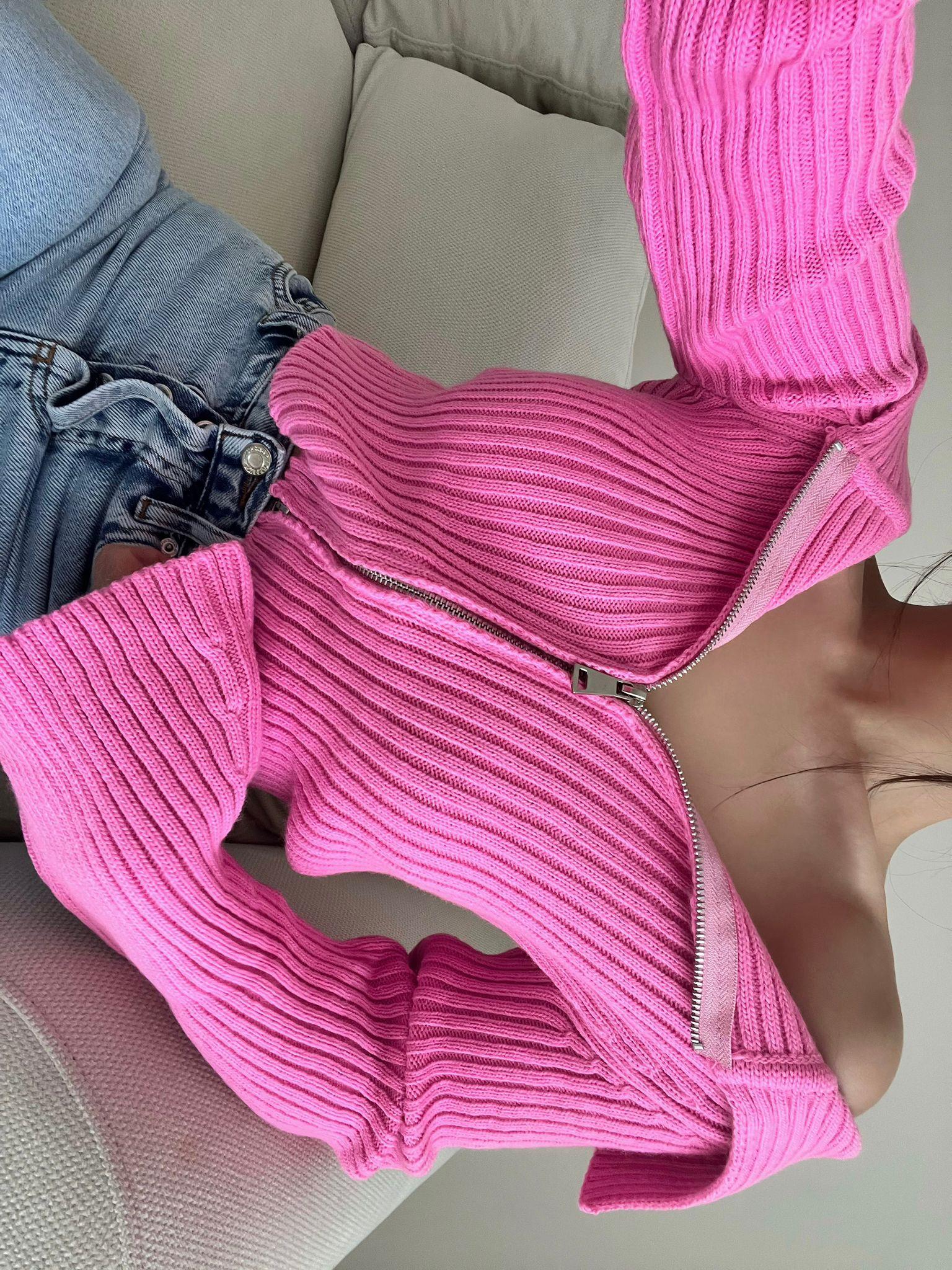 Eva Kayık Yaka Fermuarlı Triko Hırka Pembe