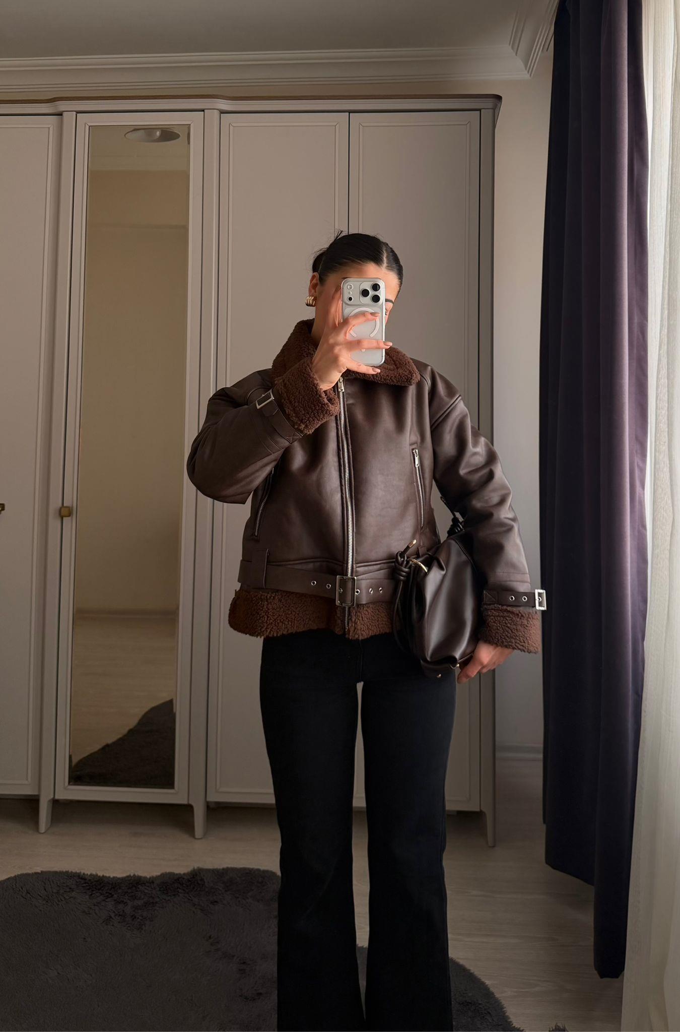 Faux Marka Model İçi Kürklü Biker Ceket Kahve