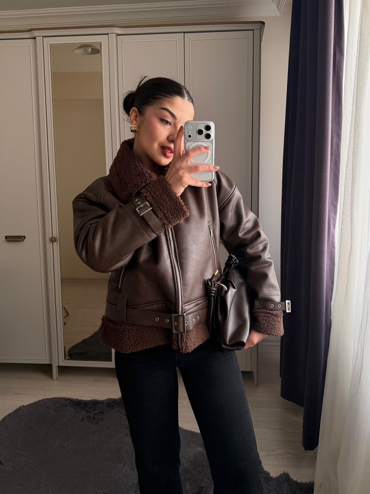 Faux Marka Model İçi Kürklü Biker Ceket Kahve
