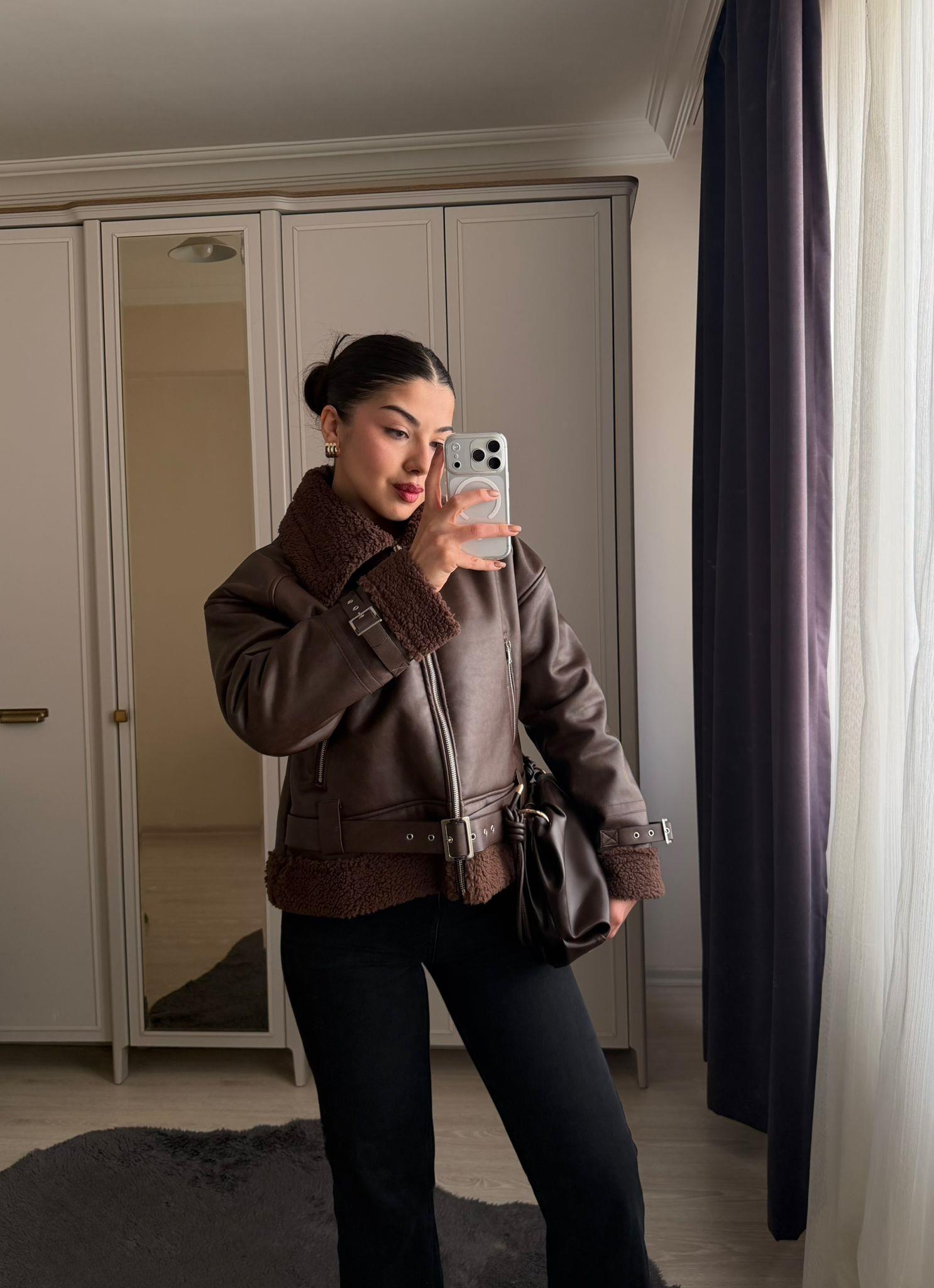 Faux Marka Model İçi Kürklü Biker Ceket Kahve