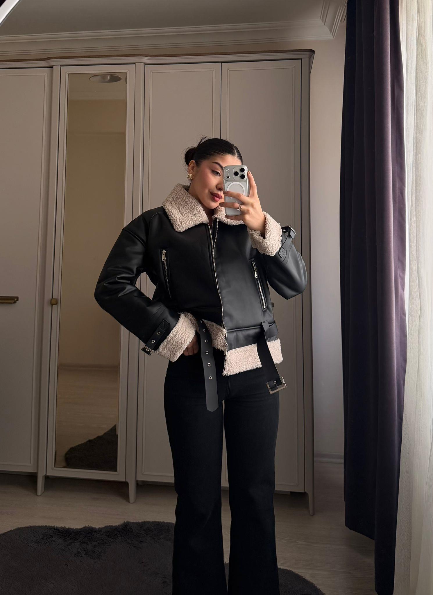 Faux Marka Model İçi Kürklü Biker Ceket Siyah