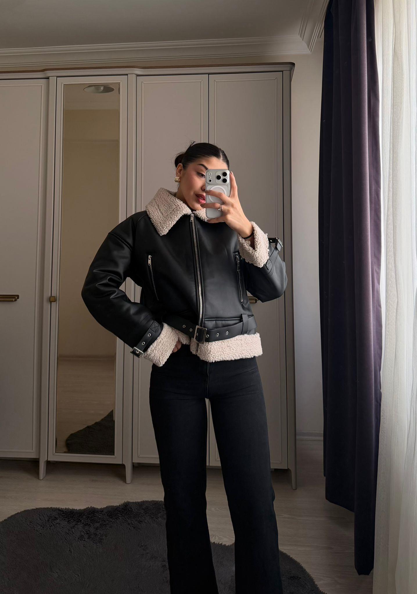 Faux Marka Model İçi Kürklü Biker Ceket Siyah