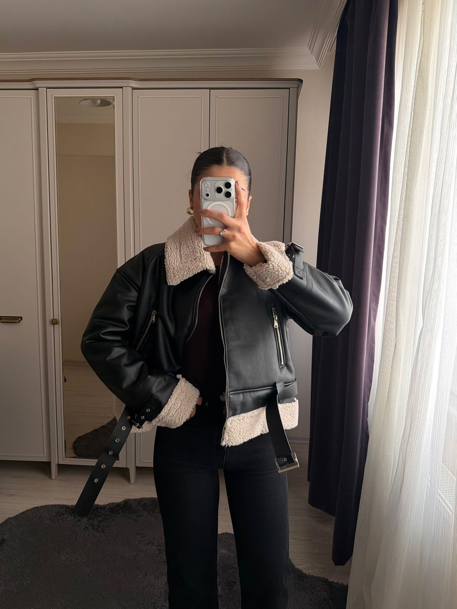 Faux Marka Model İçi Kürklü Biker Ceket Siyah