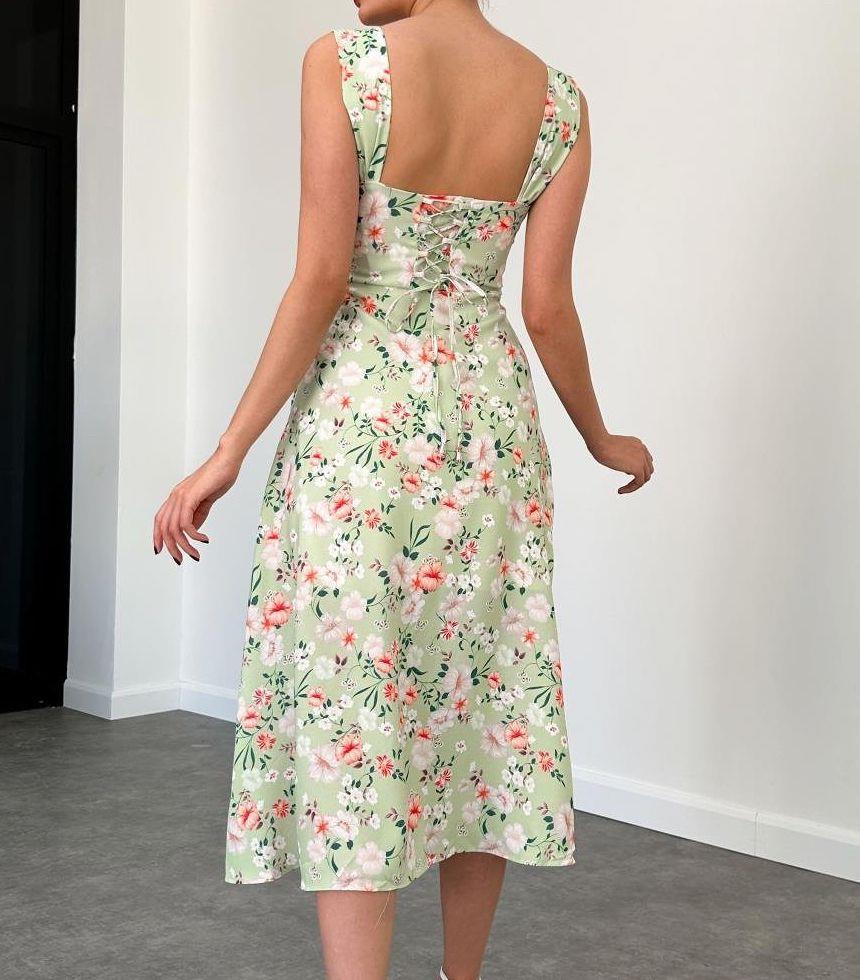 Flora Çiçek Desenli Yırtmaçlı Midi Elbise Mint