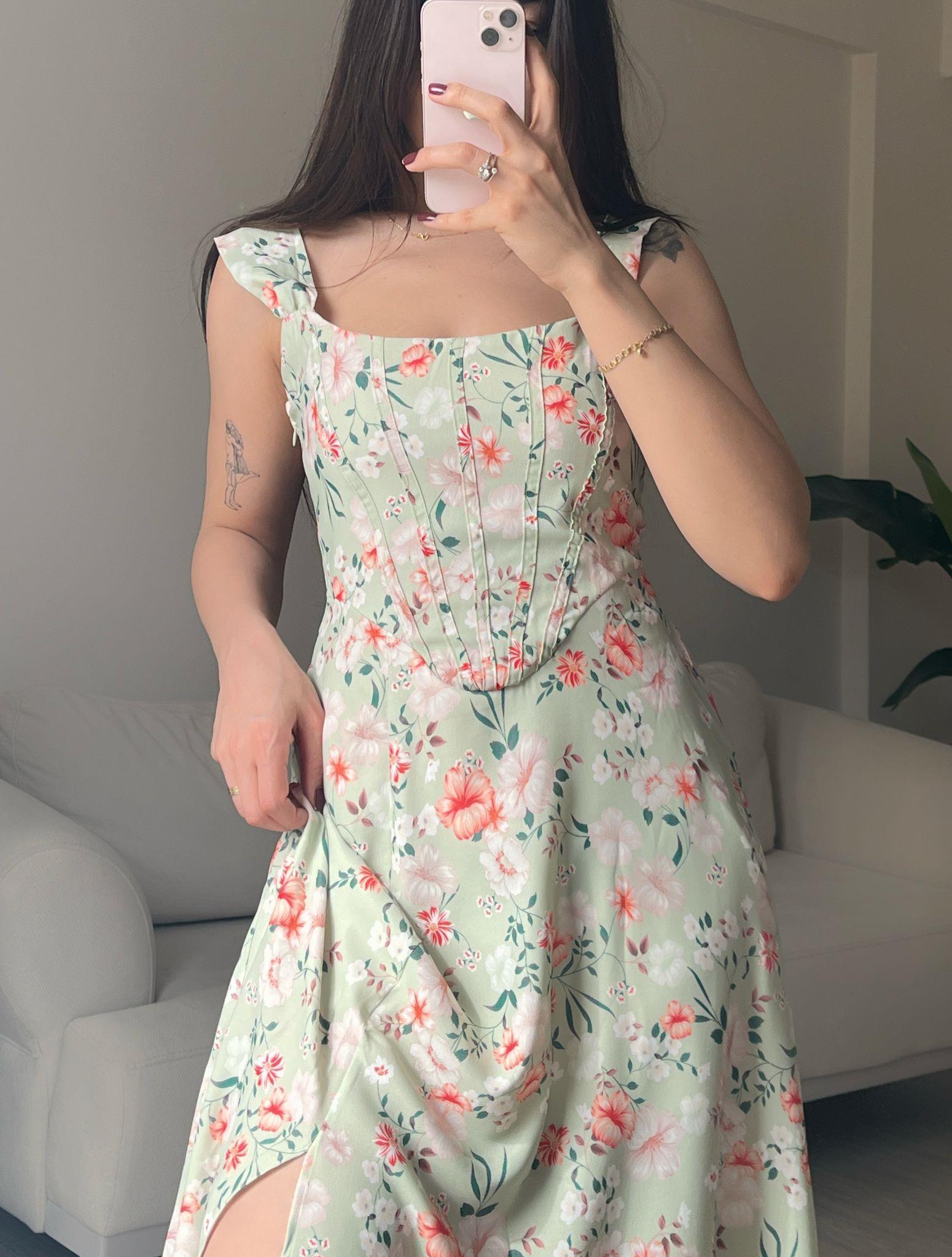 Flora Çiçek Desenli Yırtmaçlı Midi Elbise Mint