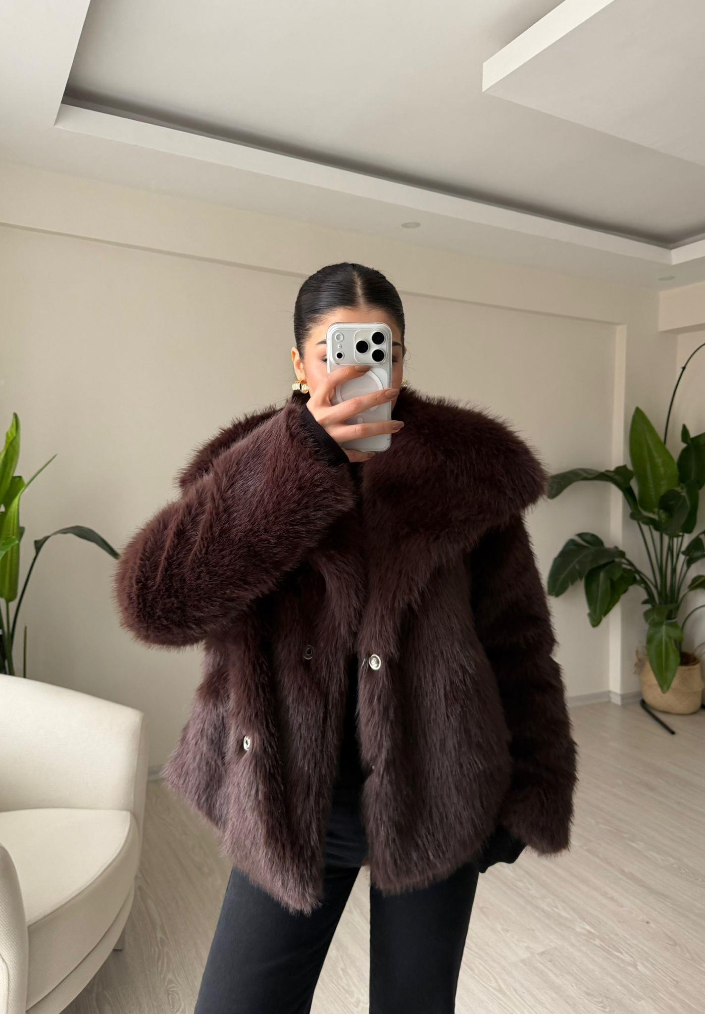 Foxy Katlı Yaka Premium Kürk Acı Kahve
