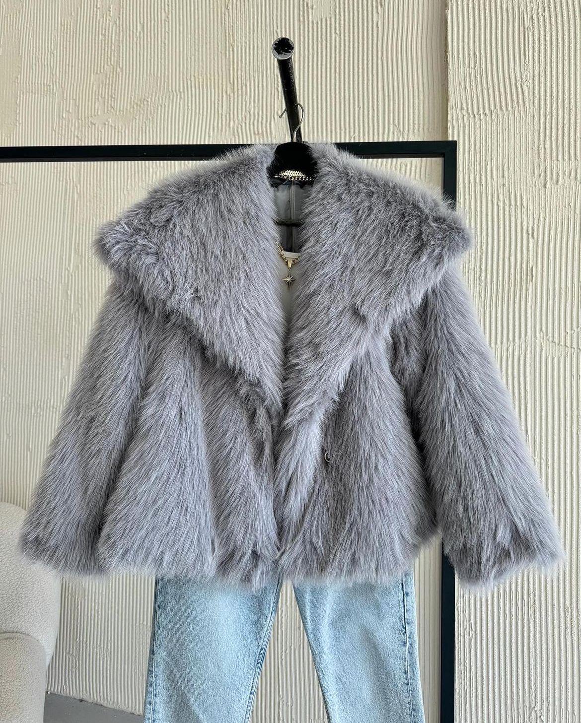 Foxy Katlı Yaka Premium Kürk Buz Gri