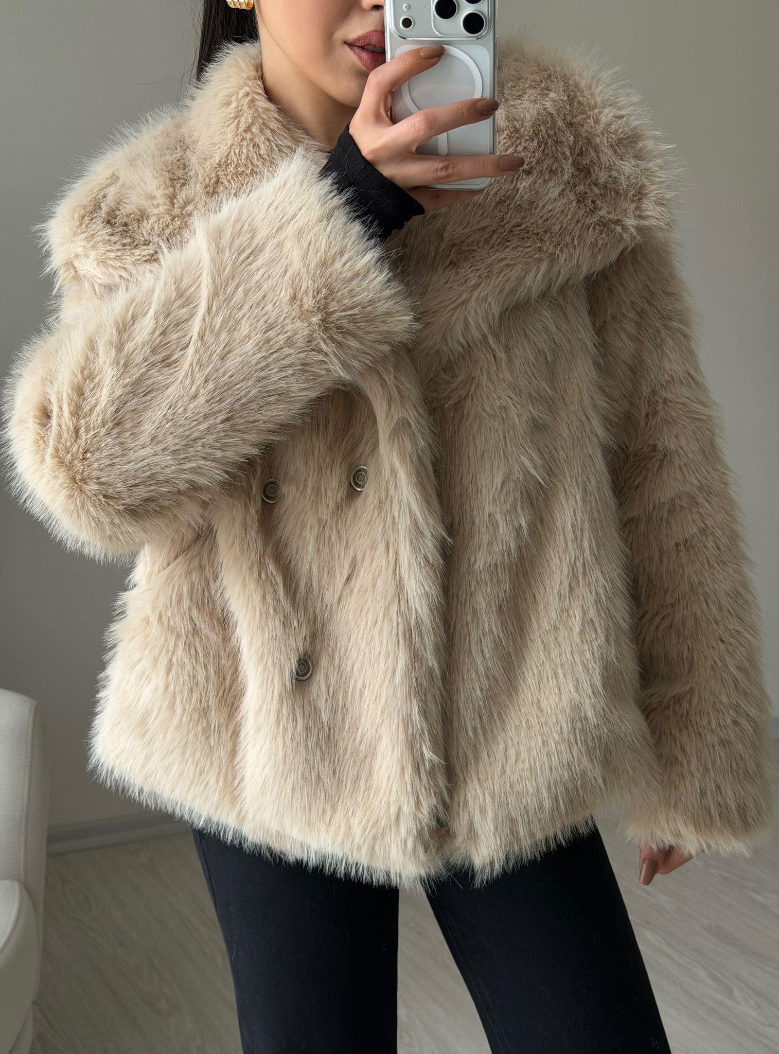 Foxy Katlı Yaka Premium Kürk Krem