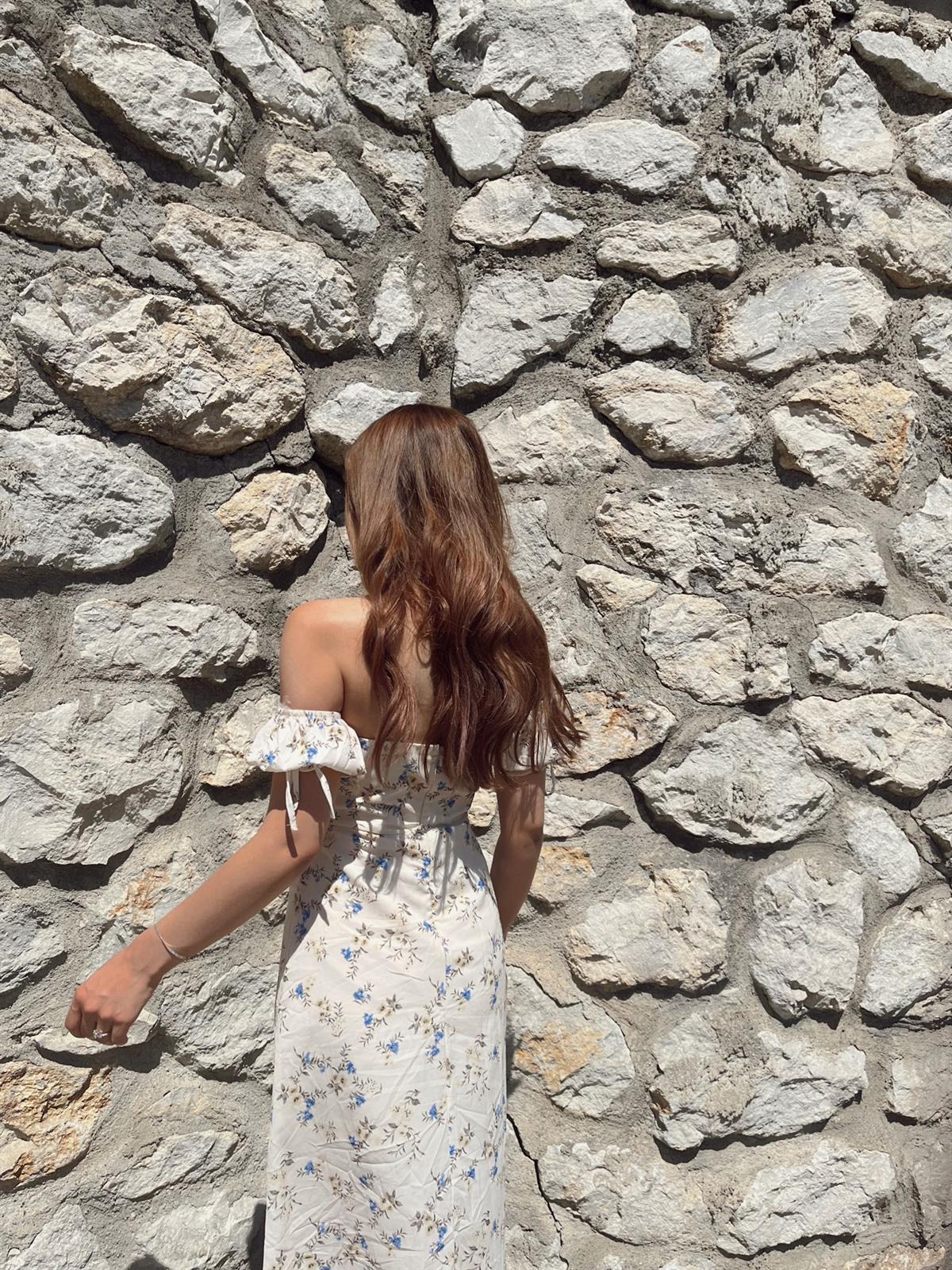 Gabrielle Gloplu Çiçek Desen Midi Elbise